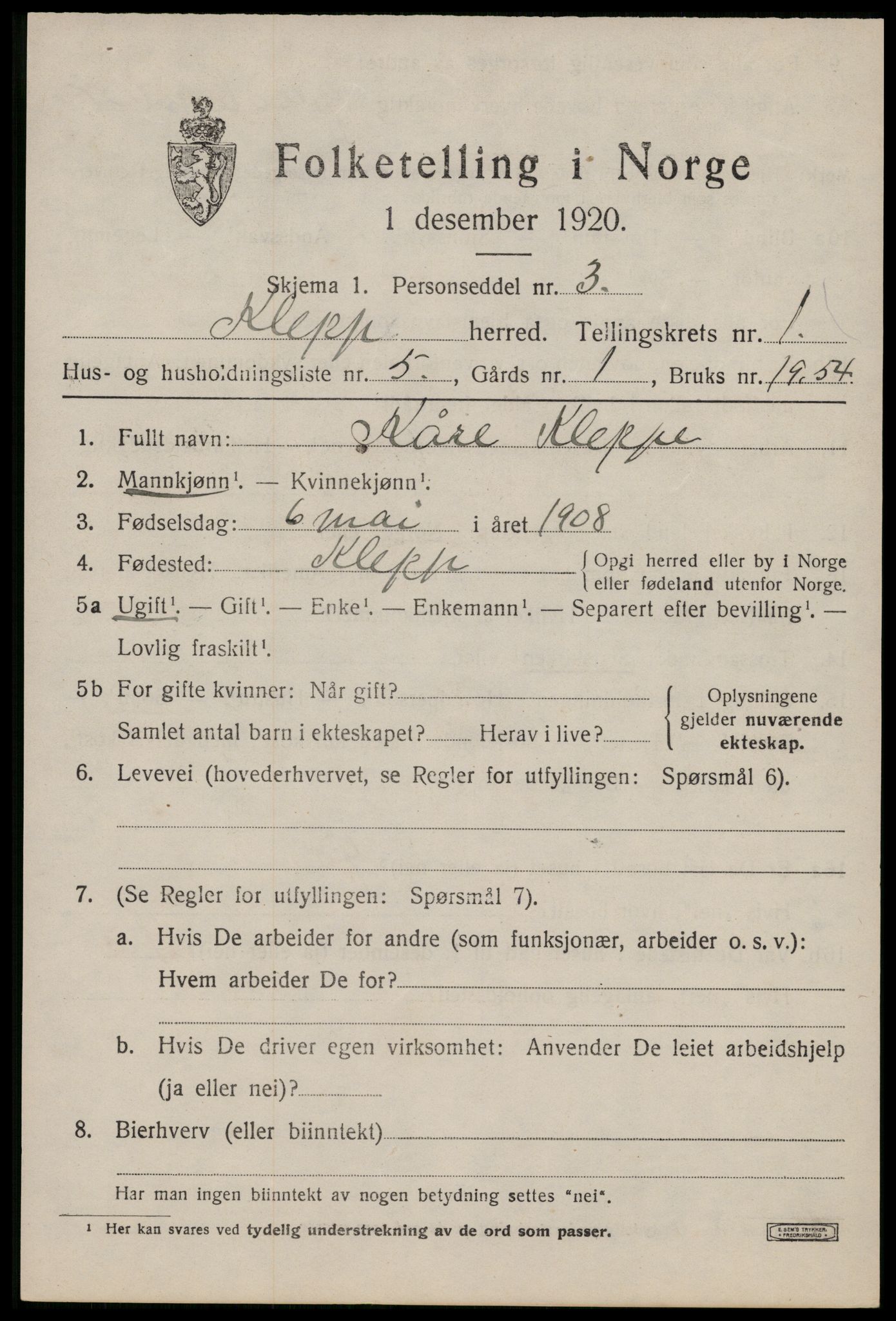 SAST, 1920 census for Klepp, 1920, p. 1264
