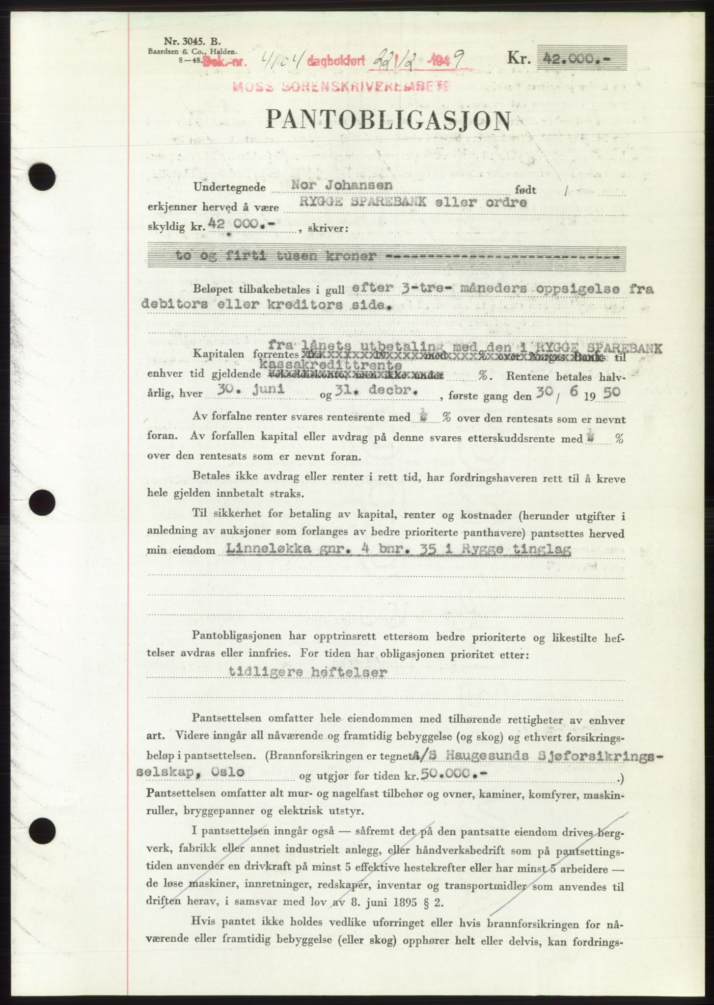 Moss sorenskriveri, SAO/A-10168: Mortgage book no. B23, 1949-1950, Diary no: : 4104/1949
