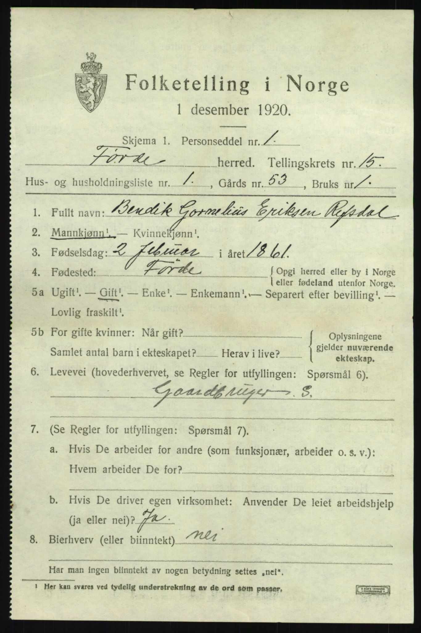 SAB, 1920 census for Førde, 1920, p. 5144