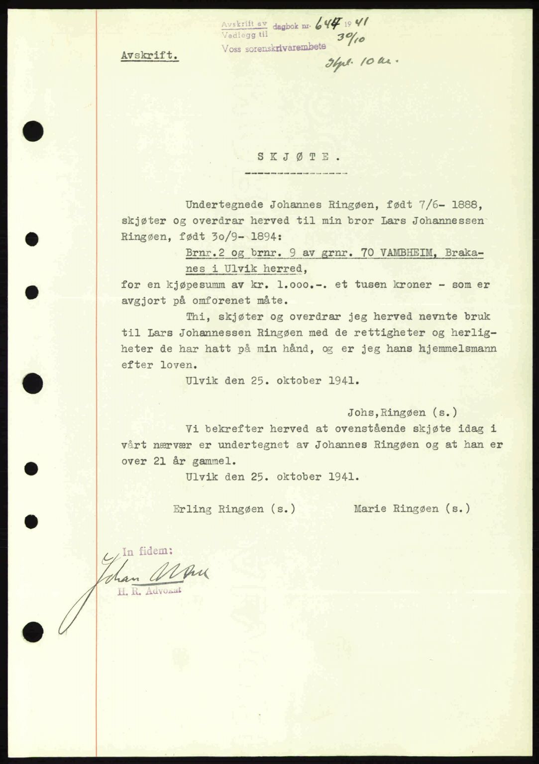 Voss sorenskrivar, AV/SAB-A-2701/G/Ga/Gac/L0005: Mortgage book no. A28, 1941-1942, Diary no: : 644/1941