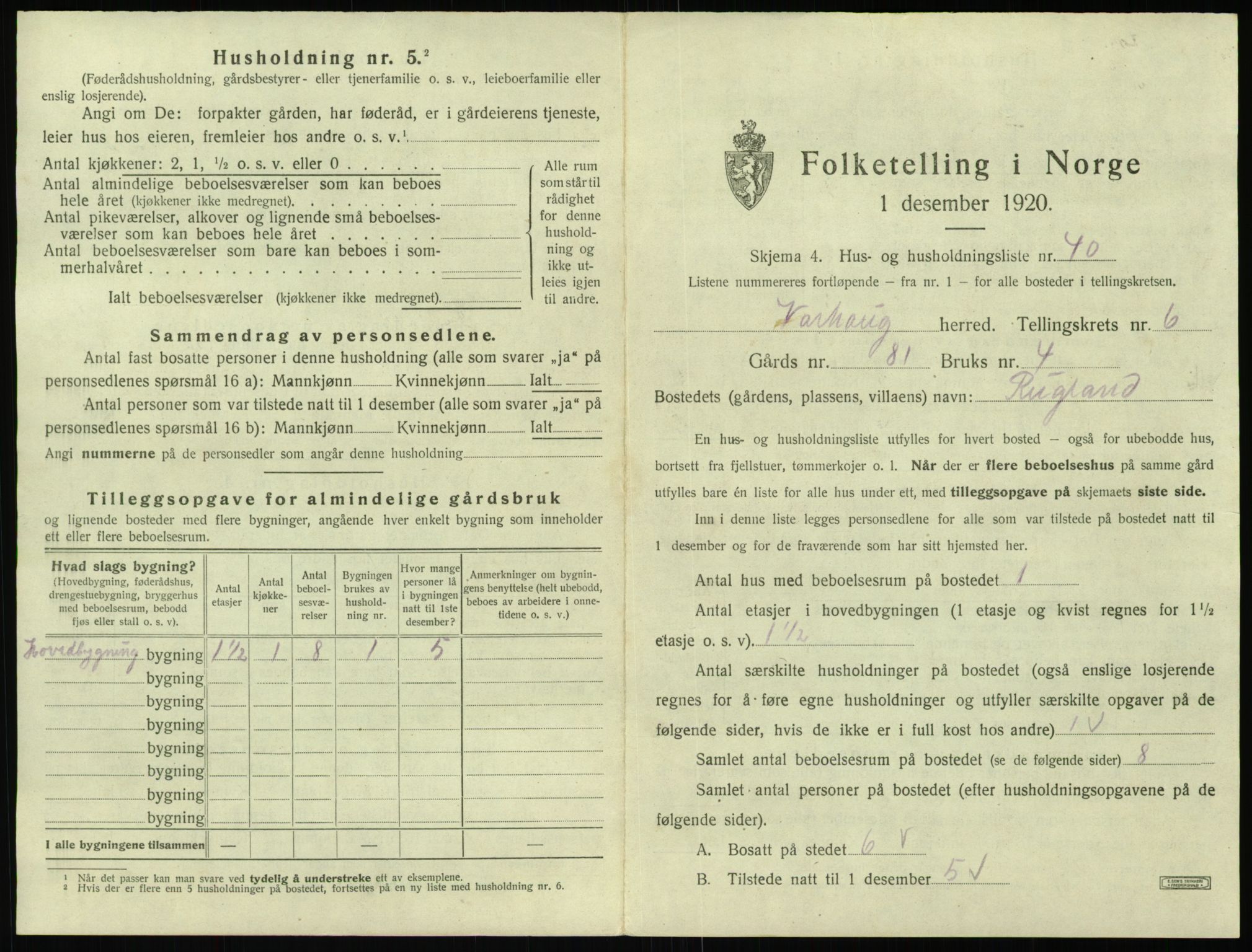 SAST, 1920 census for Varhaug, 1920, p. 797