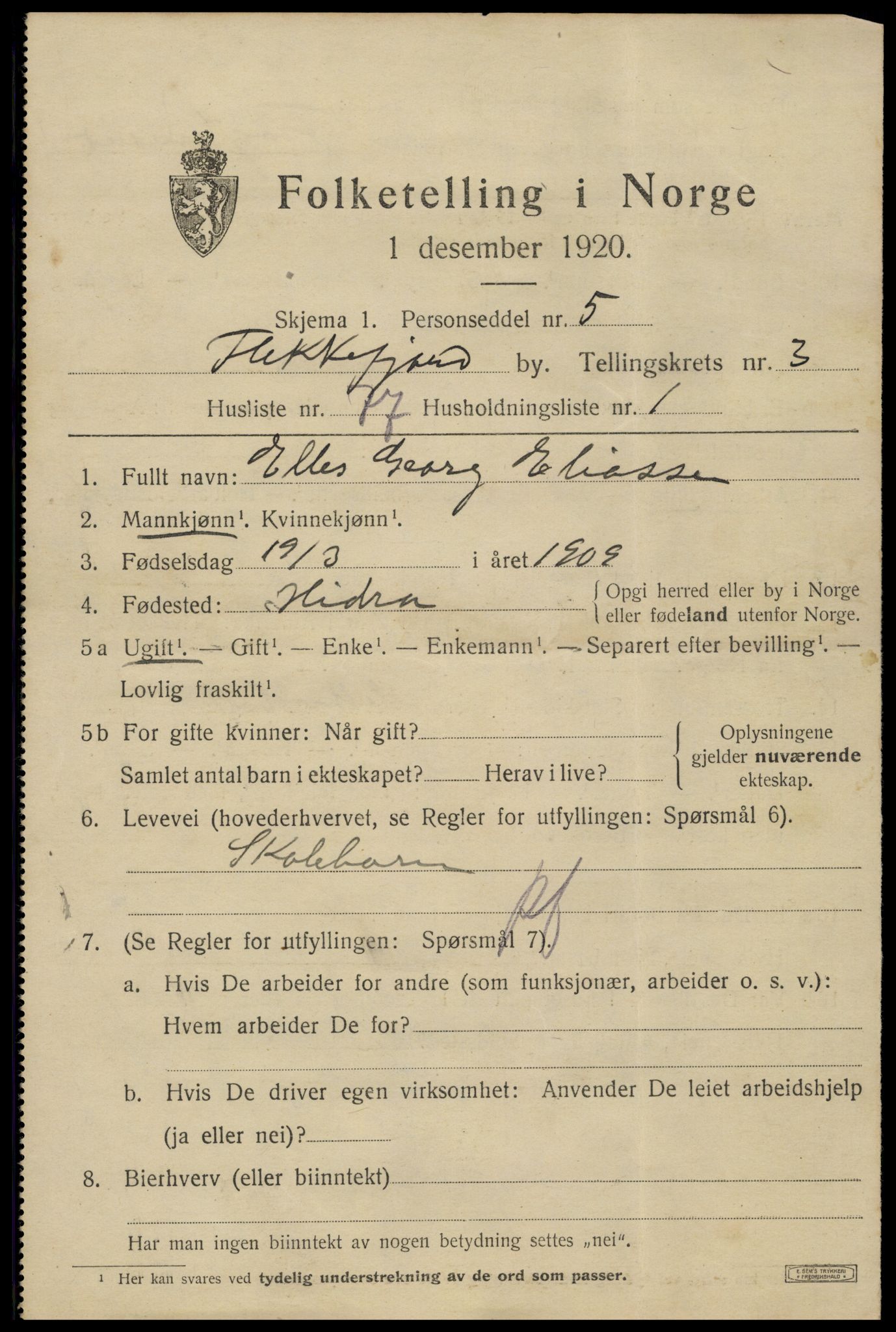 SAK, 1920 census for Flekkefjord, 1920, p. 4422
