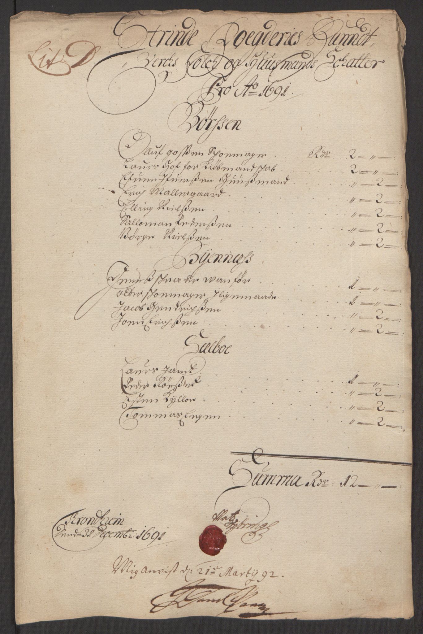 Rentekammeret inntil 1814, Reviderte regnskaper, Fogderegnskap, RA/EA-4092/R61/L4103: Fogderegnskap Strinda og Selbu, 1691-1692, p. 60