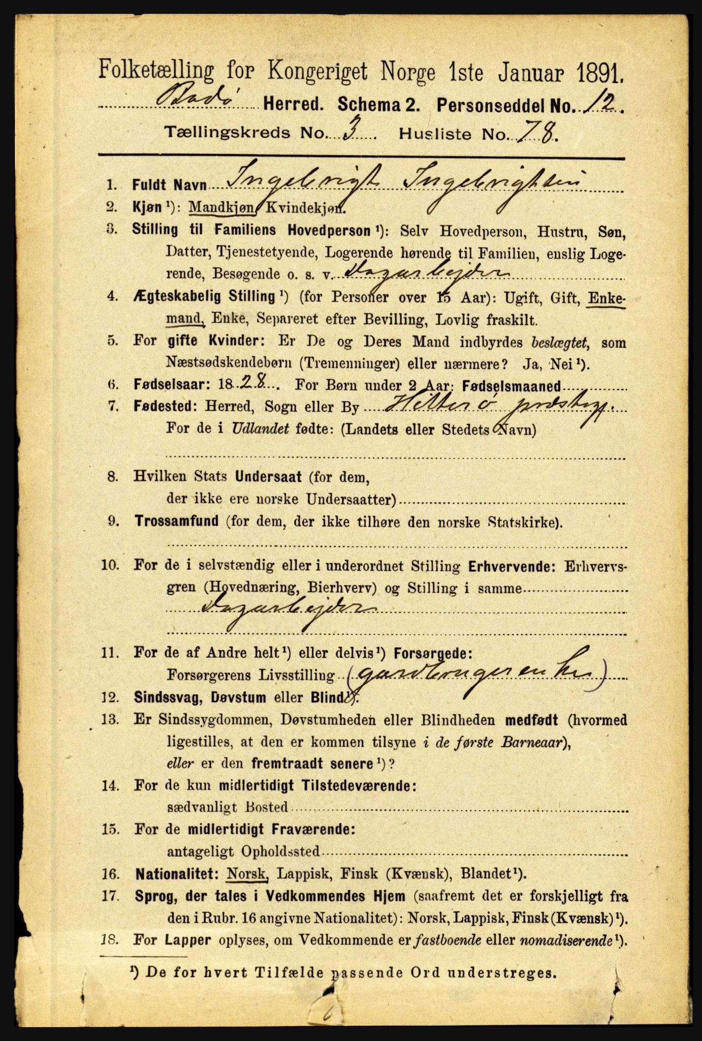 RA, 1891 census for 1843 Bodø, 1891, p. 2119