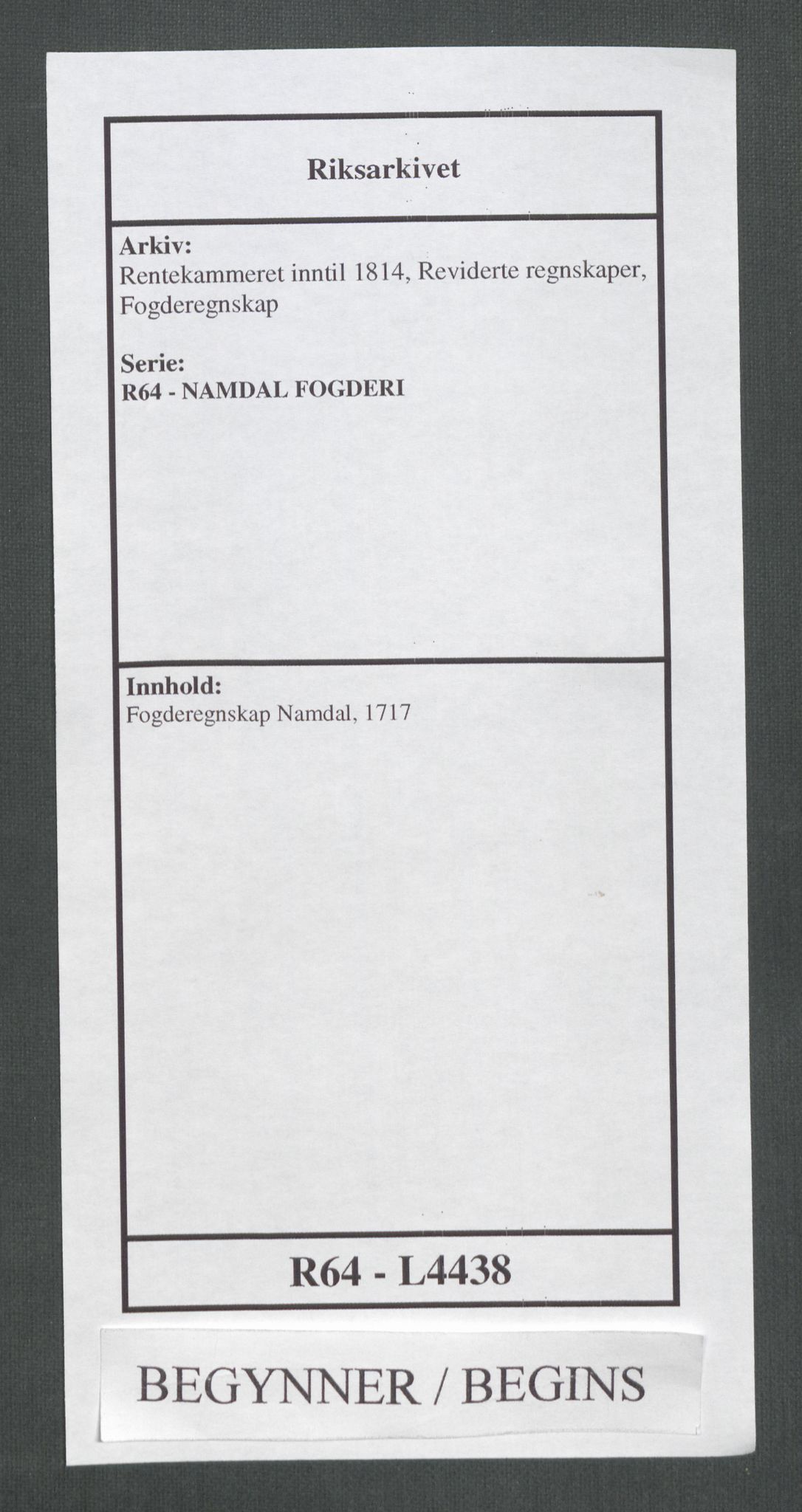 Rentekammeret inntil 1814, Reviderte regnskaper, Fogderegnskap, AV/RA-EA-4092/R64/L4438: Fogderegnskap Namdal, 1717, p. 1