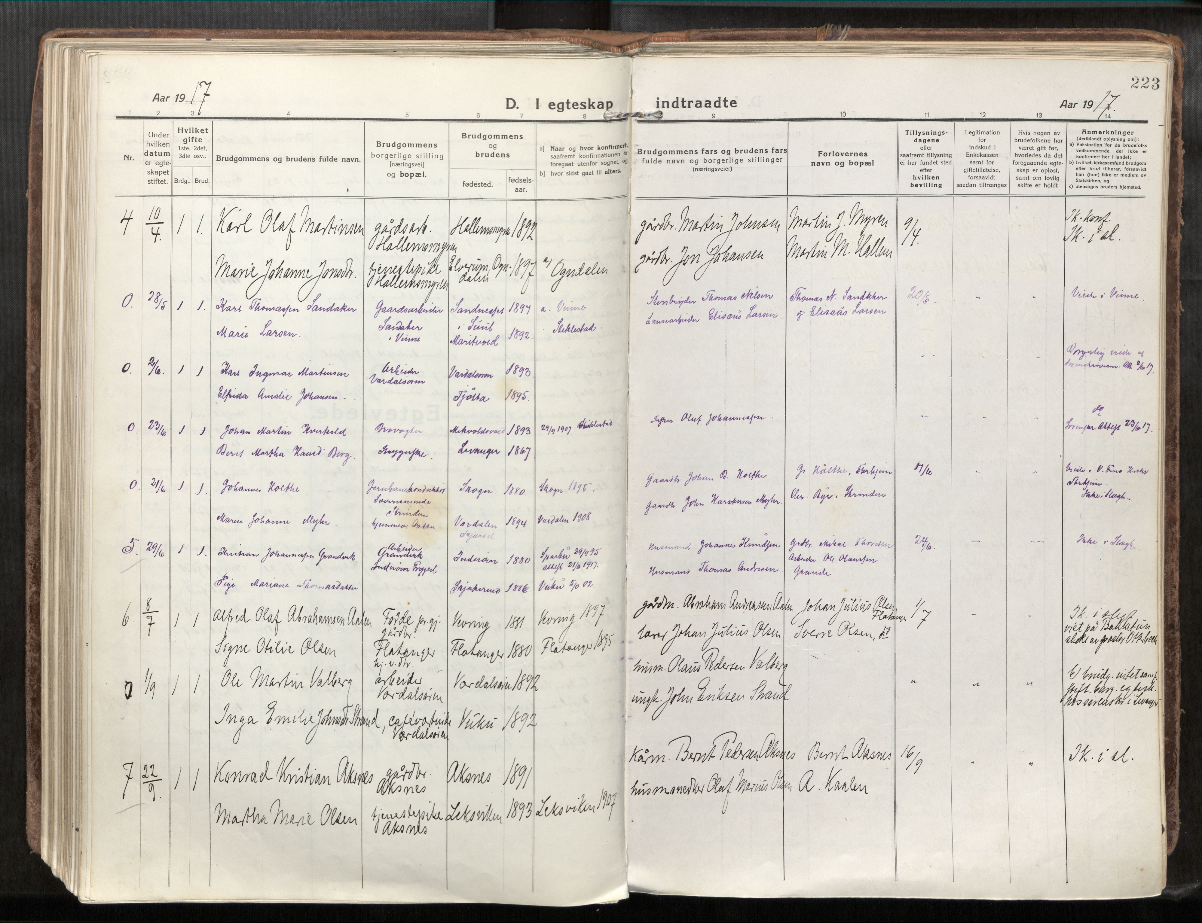 Verdal sokneprestkontor, AV/SAT-A-1156/2/H/Haa/L0001: Parish register (official) no. 1, 1917-1932, p. 223