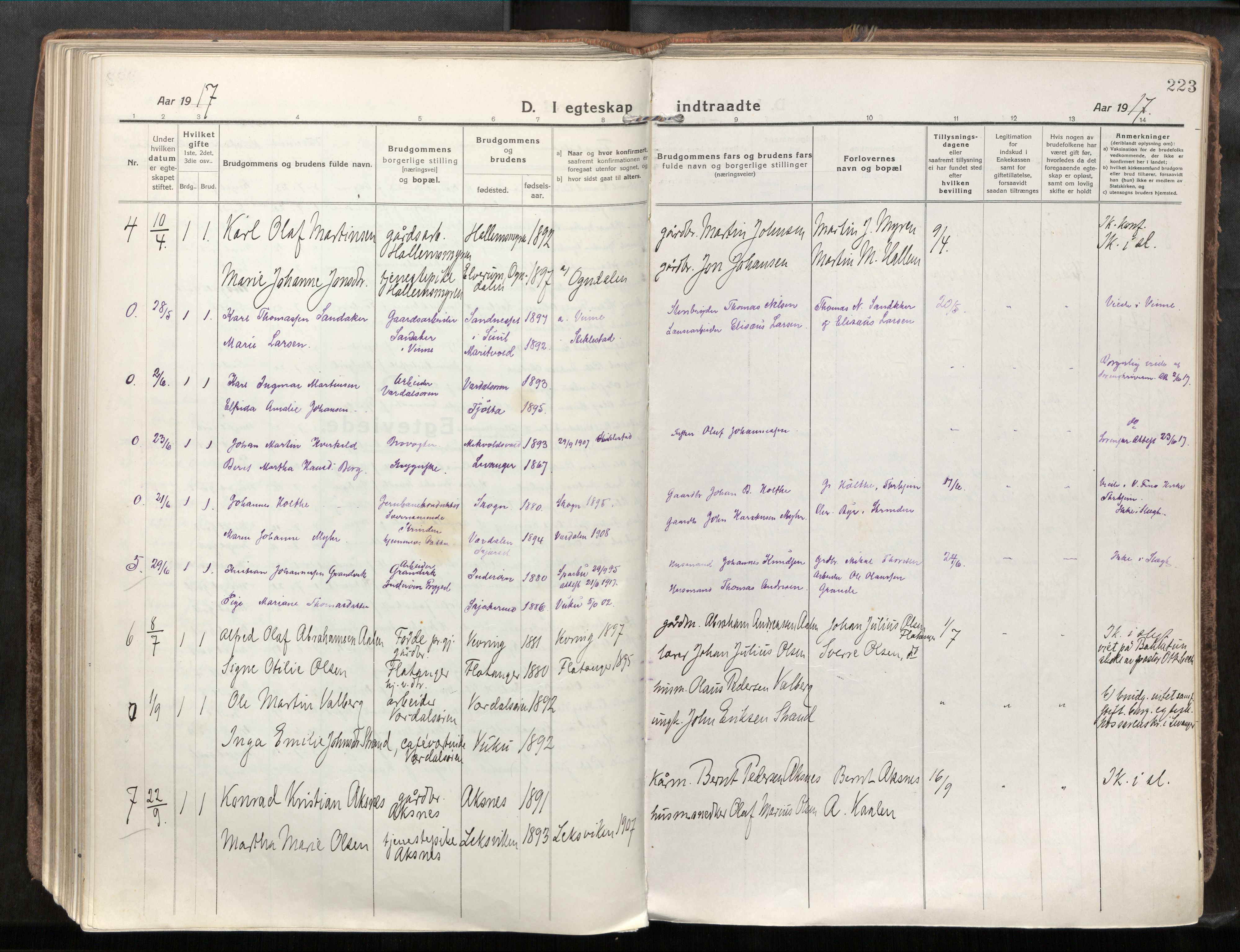 Verdal sokneprestkontor, SAT/A-1156/2/H/Haa/L0001: Parish register (official) no. 1, 1917-1932, p. 223