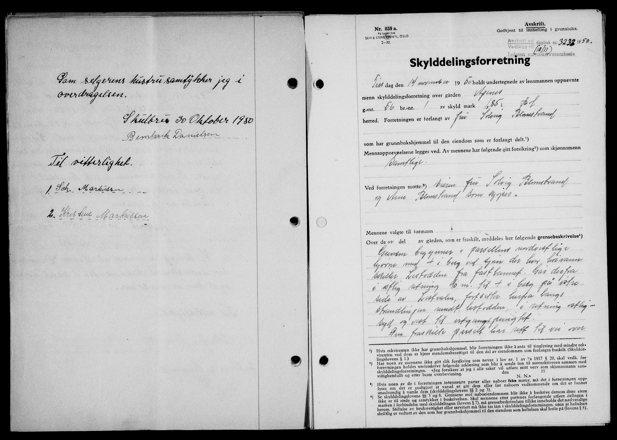 Lofoten sorenskriveri, SAT/A-0017/1/2/2C/L0025a: Mortgage book no. 25a, 1950-1951, Diary no: : 3232/1950