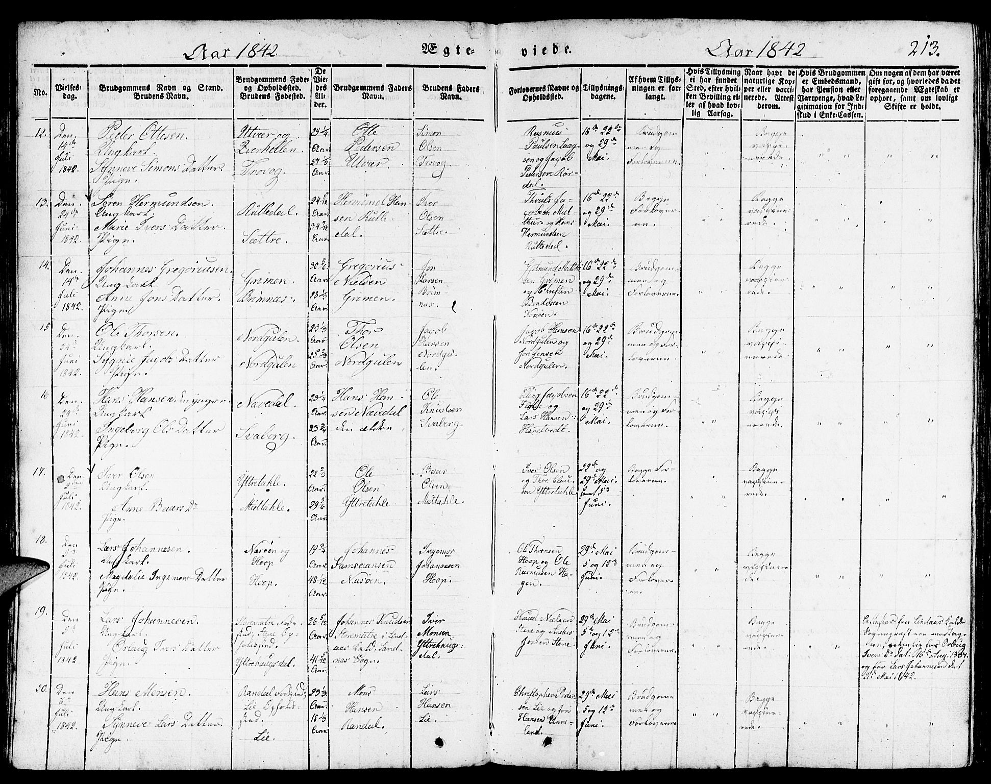 Gulen sokneprestembete, AV/SAB-A-80201/H/Haa/Haaa/L0020: Parish register (official) no. A 20, 1837-1847, p. 213