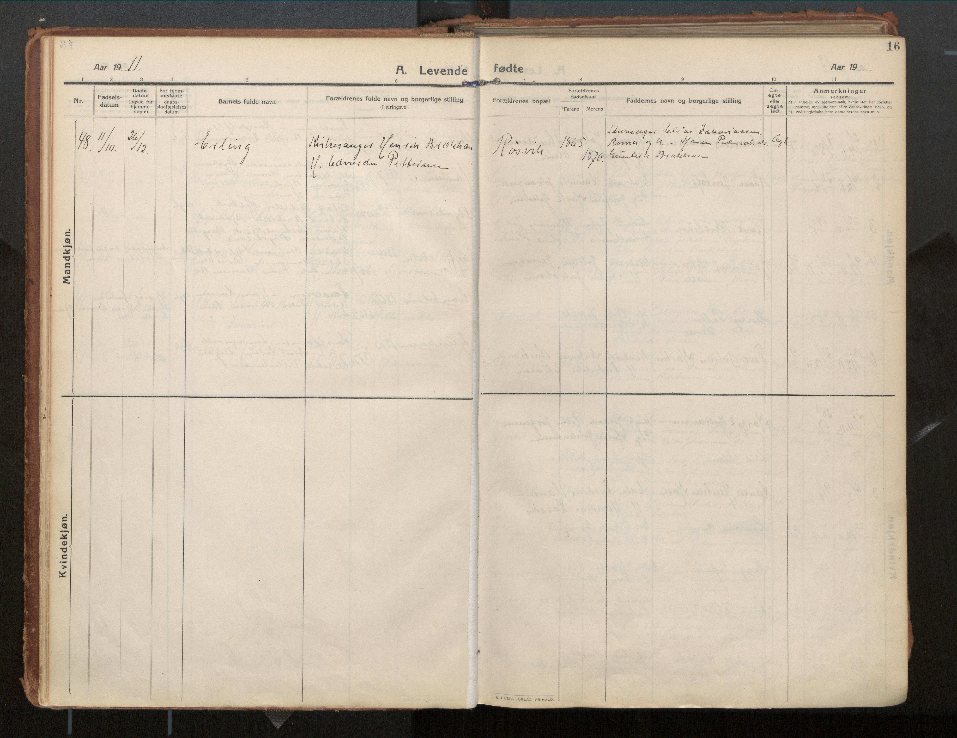 Ministerialprotokoller, klokkerbøker og fødselsregistre - Nordland, AV/SAT-A-1459/854/L0784: Parish register (official) no. 854A07, 1910-1922, p. 16