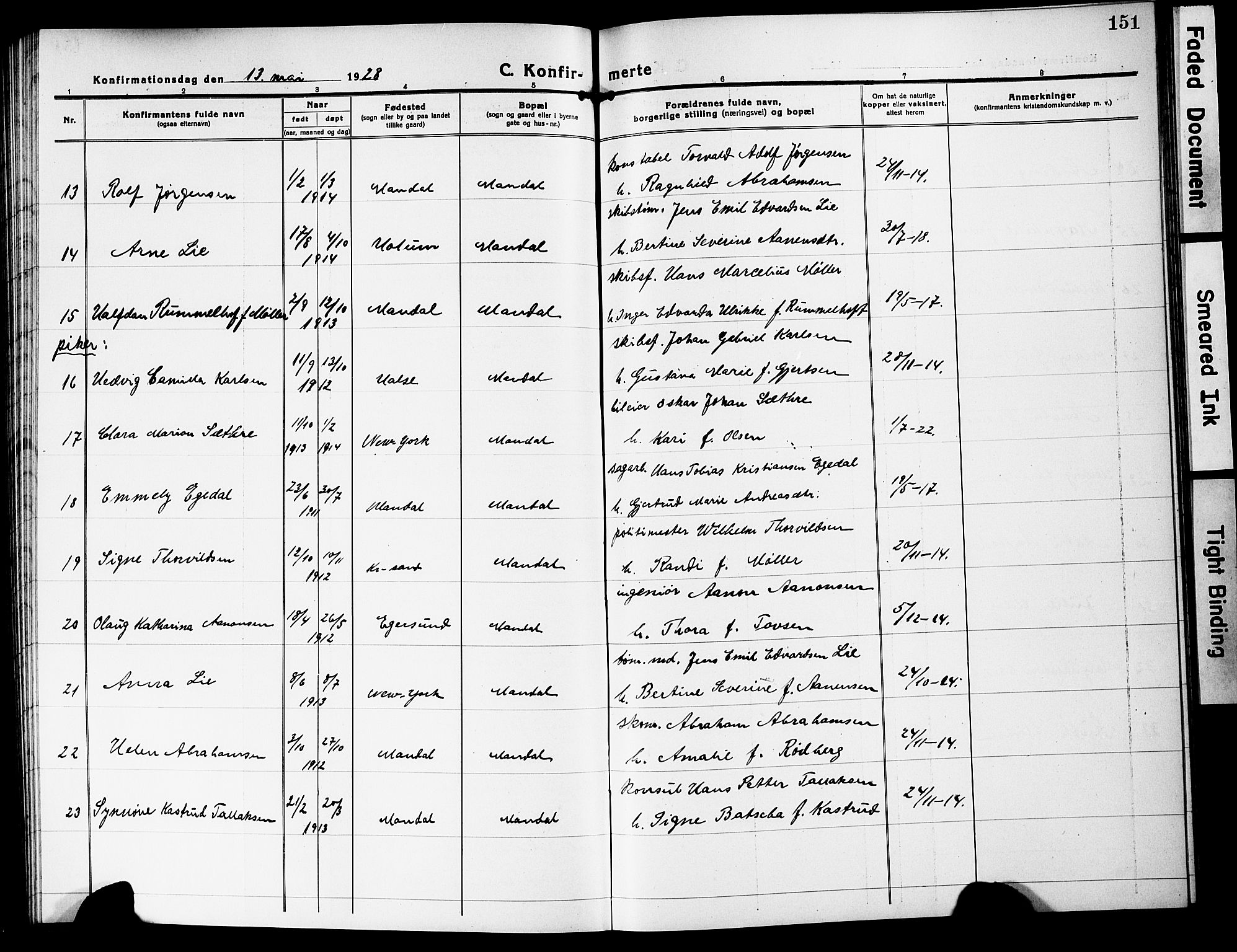 Mandal sokneprestkontor, SAK/1111-0030/F/Fb/Fbc/L0001: Parish register (copy) no. B 1, 1918-1931, p. 151