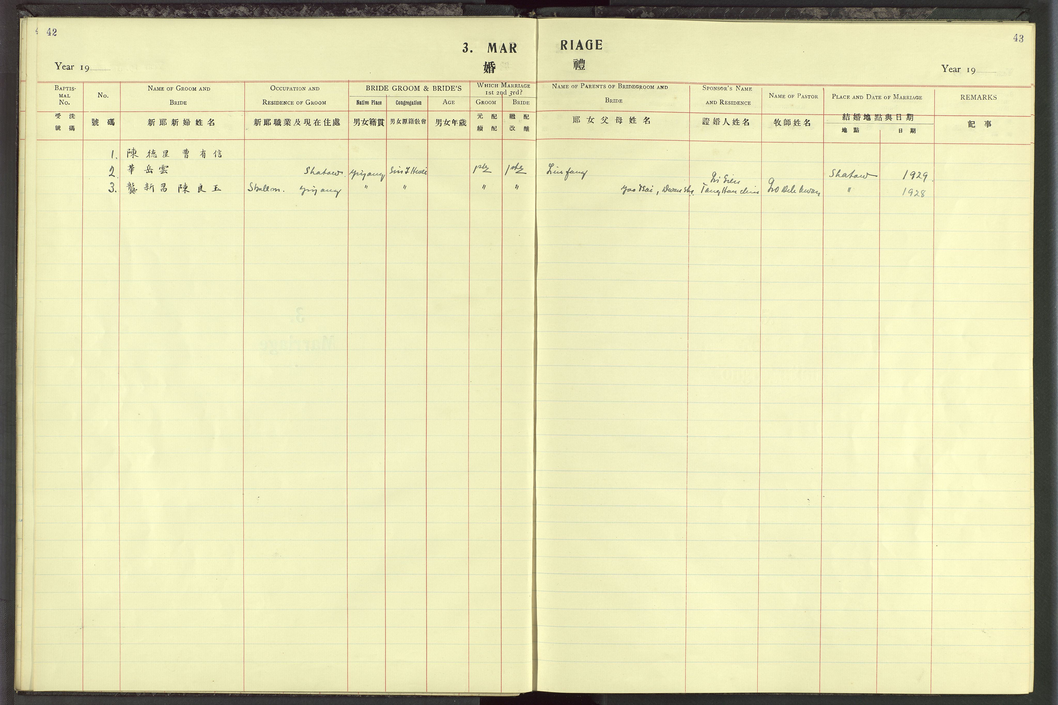 Det Norske Misjonsselskap - utland - Kina (Hunan), VID/MA-A-1065/Dm/L0027: Parish register (official) no. 65, 1911-1948, p. 42-43