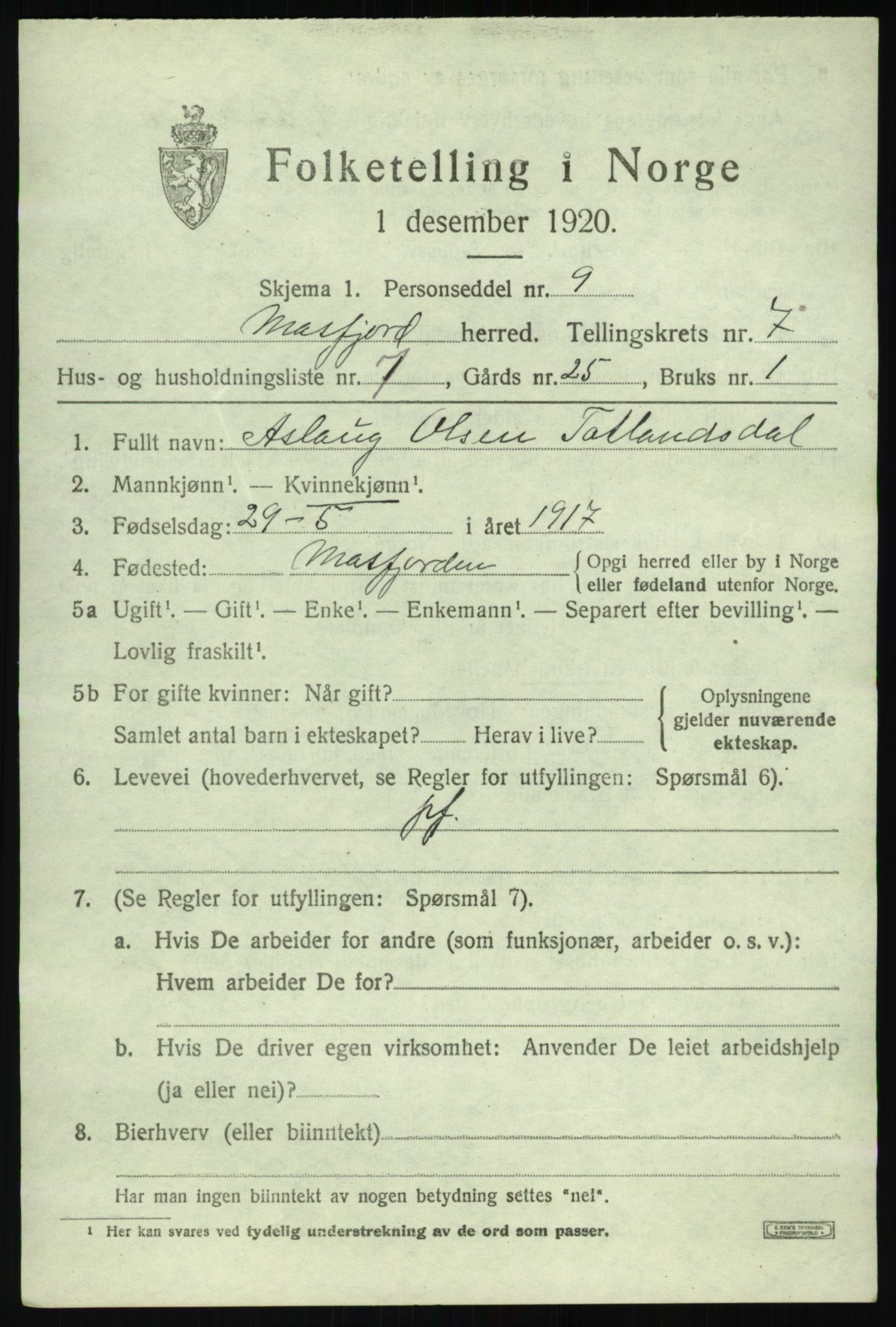 SAB, 1920 census for Masfjorden, 1920, p. 2737