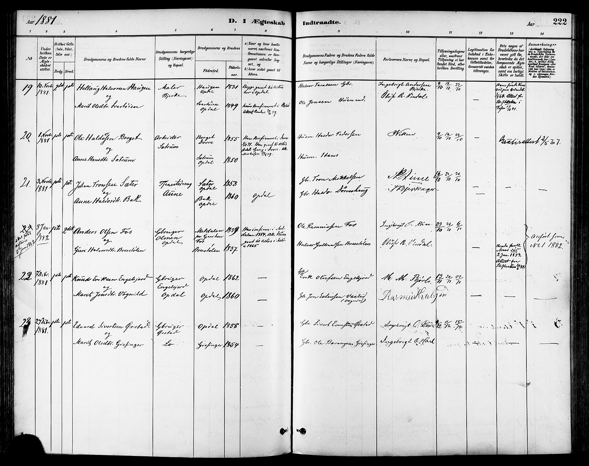 Ministerialprotokoller, klokkerbøker og fødselsregistre - Sør-Trøndelag, SAT/A-1456/678/L0901: Parish register (official) no. 678A10, 1881-1894, p. 222