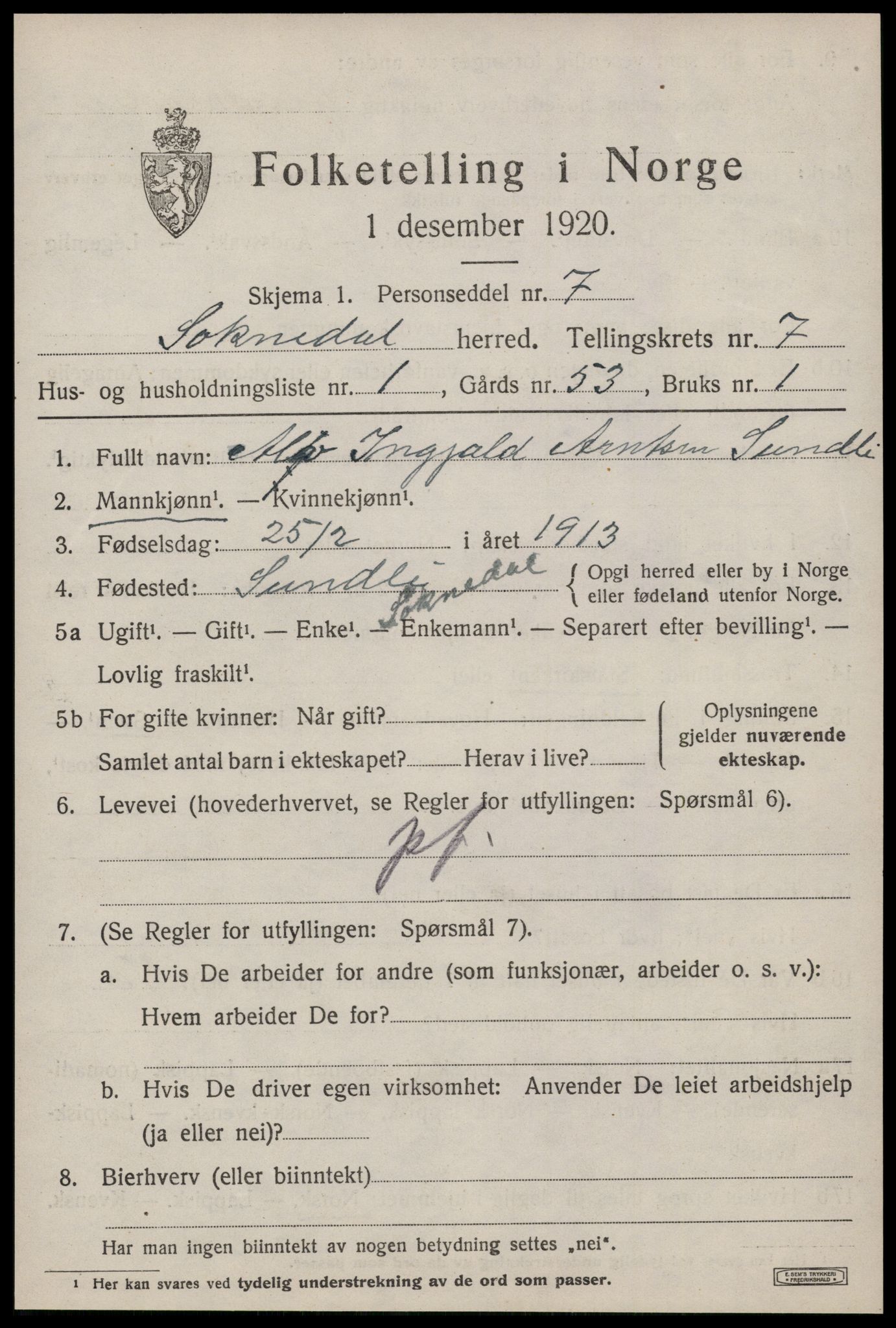 SAT, 1920 census for Soknedal, 1920, p. 3458