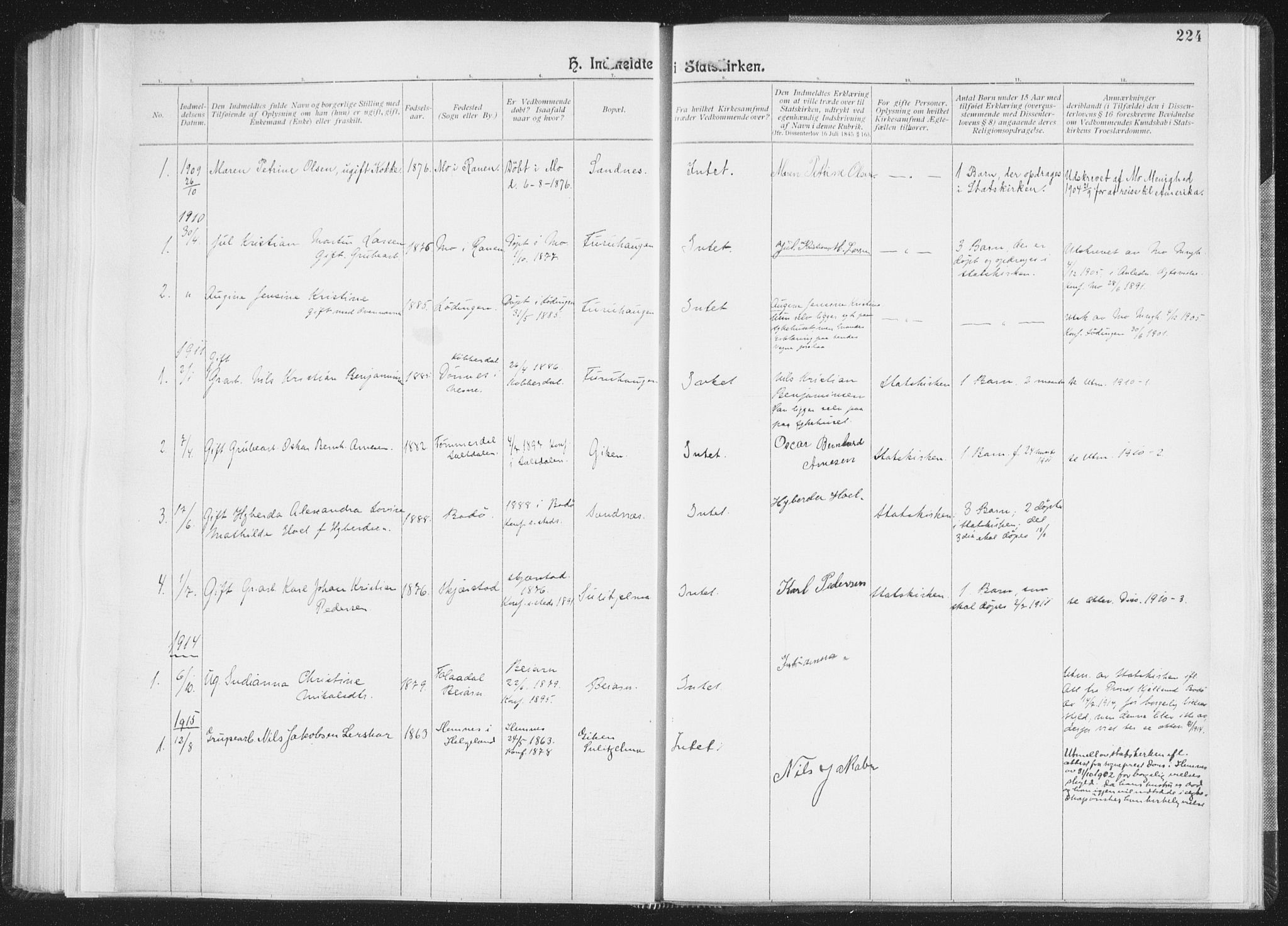 Ministerialprotokoller, klokkerbøker og fødselsregistre - Nordland, SAT/A-1459/850/L0711: Curate's parish register no. 850B01, 1902-1915, p. 224