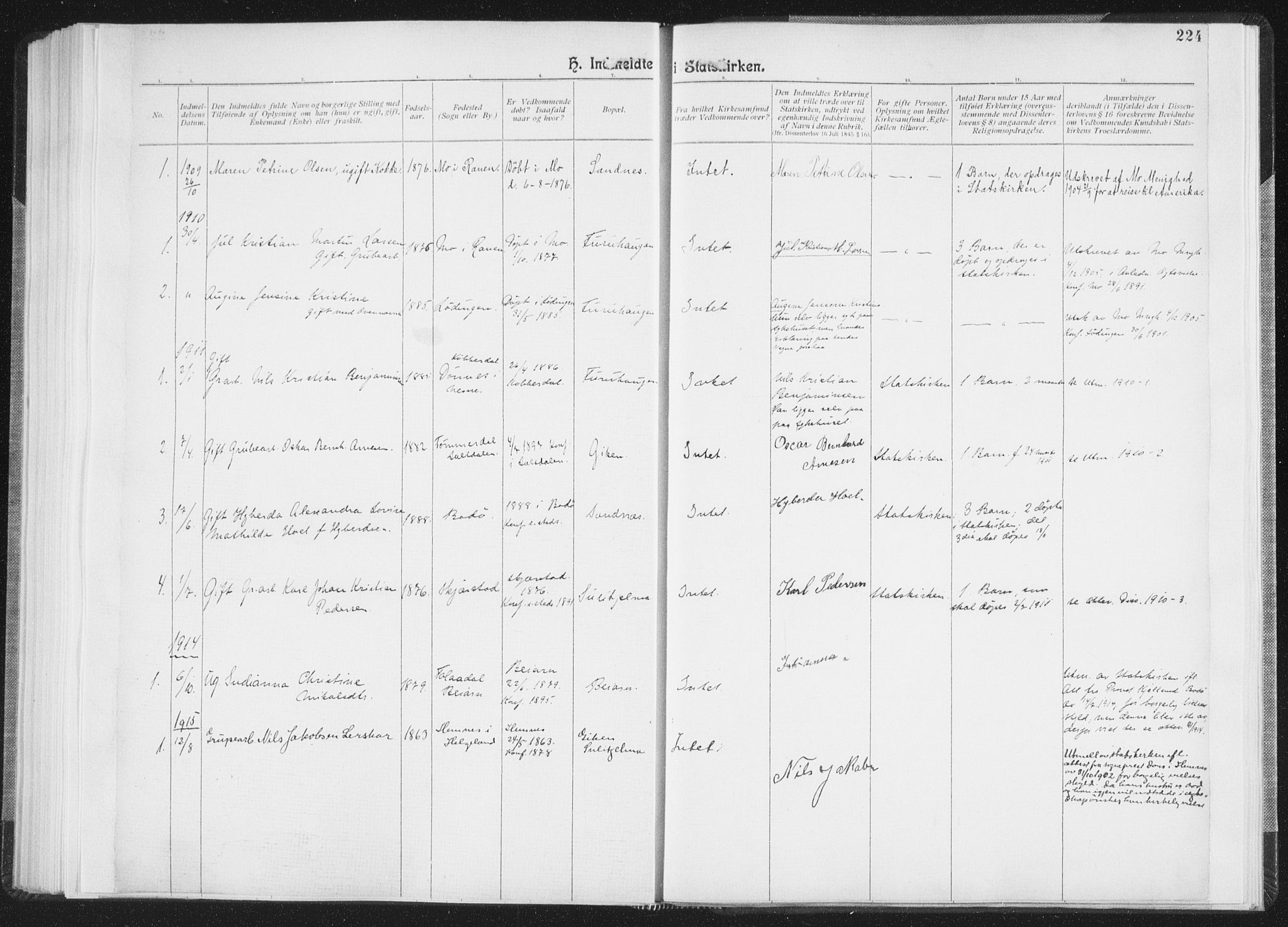 Ministerialprotokoller, klokkerbøker og fødselsregistre - Nordland, AV/SAT-A-1459/850/L0711: Curate's parish register no. 850B01, 1902-1915, p. 224