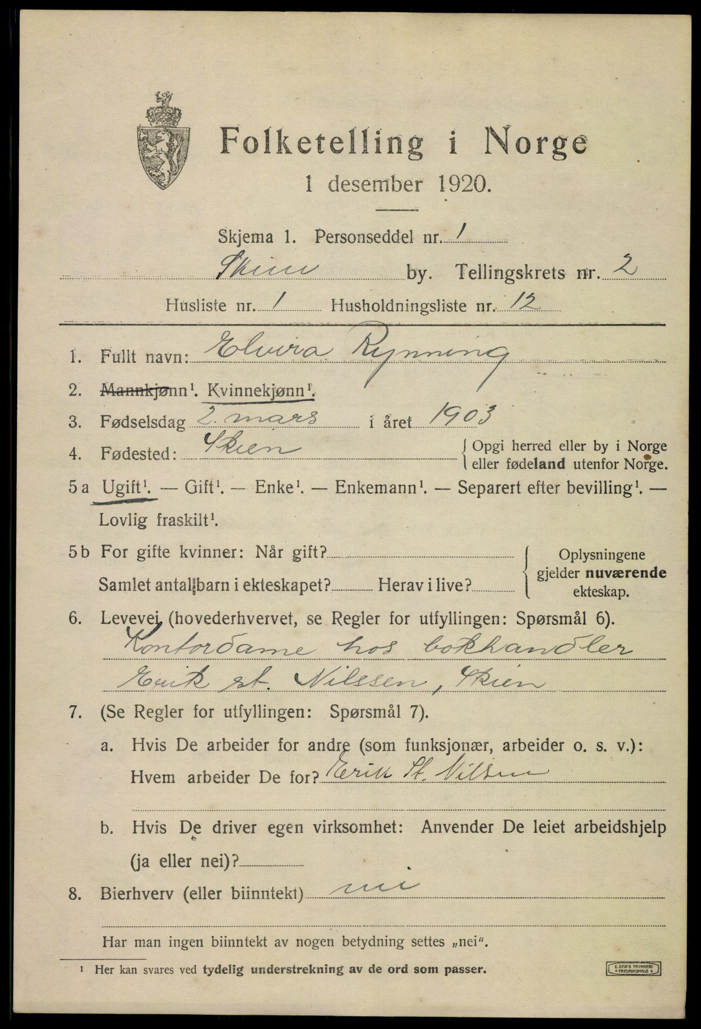 SAKO, 1920 census for Skien, 1920, p. 13552