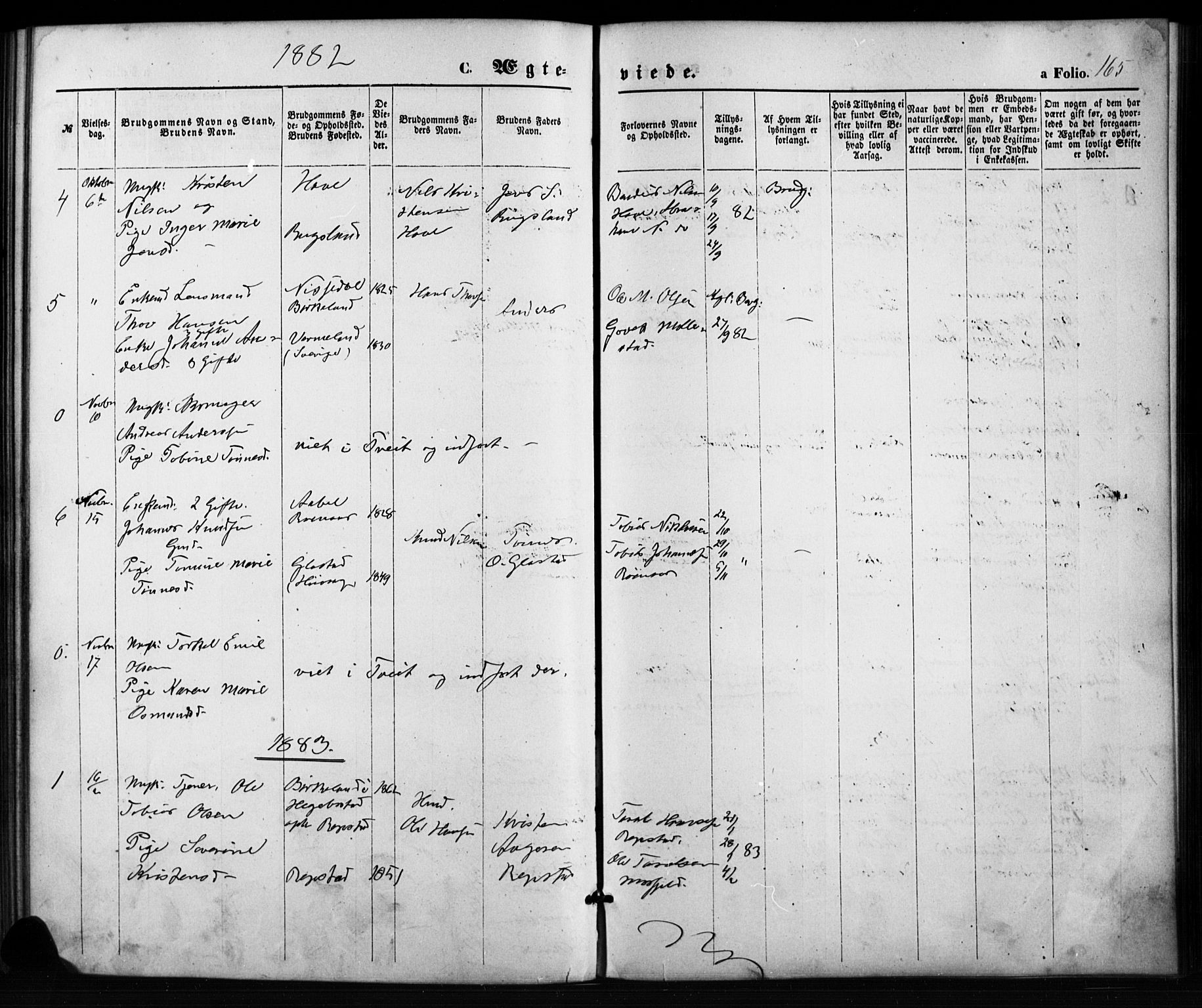Birkenes sokneprestkontor, SAK/1111-0004/F/Fb/L0003: Parish register (copy) no. B 3, 1876-1892, p. 165