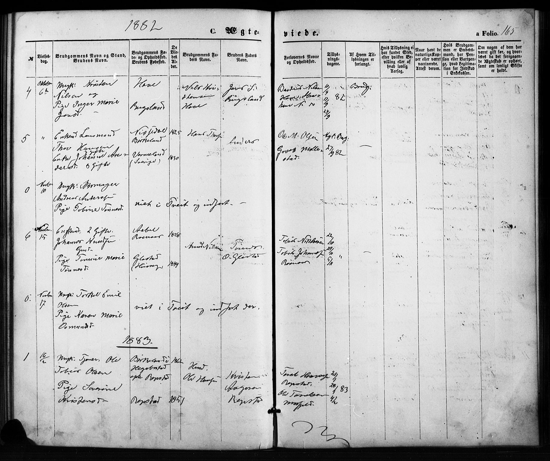 Birkenes sokneprestkontor, AV/SAK-1111-0004/F/Fb/L0003: Parish register (copy) no. B 3, 1876-1892, p. 165