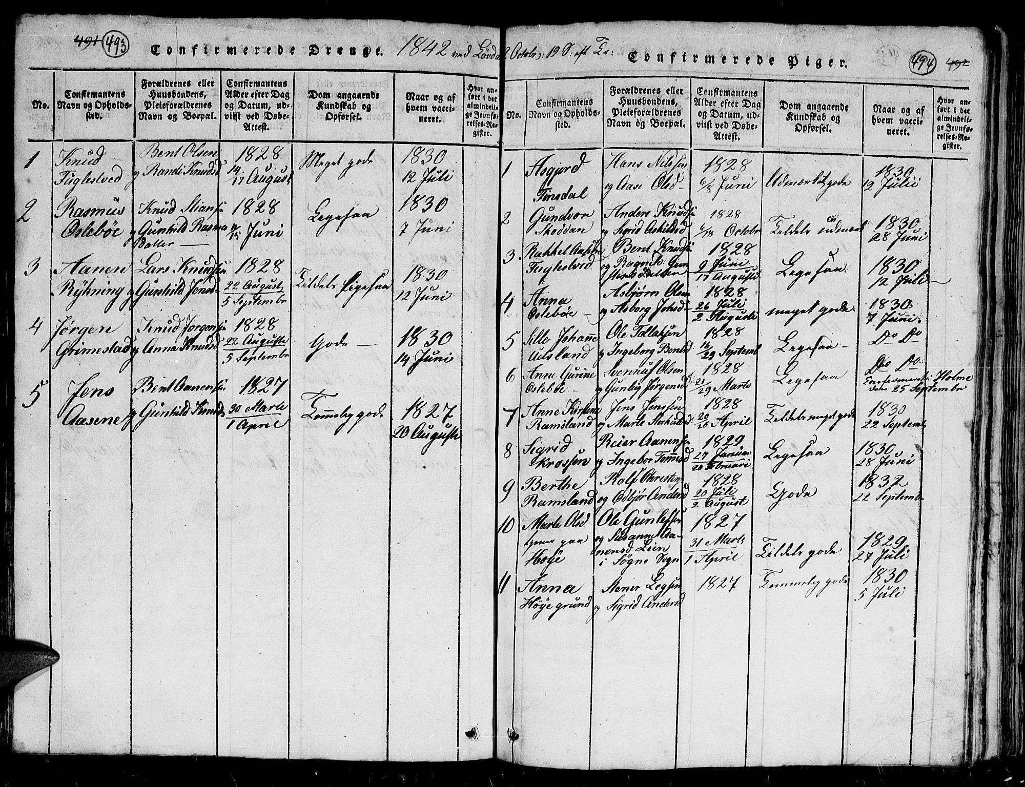 Holum sokneprestkontor, SAK/1111-0022/F/Fb/Fbc/L0001: Parish register (copy) no. B 1, 1820-1859, p. 493-494