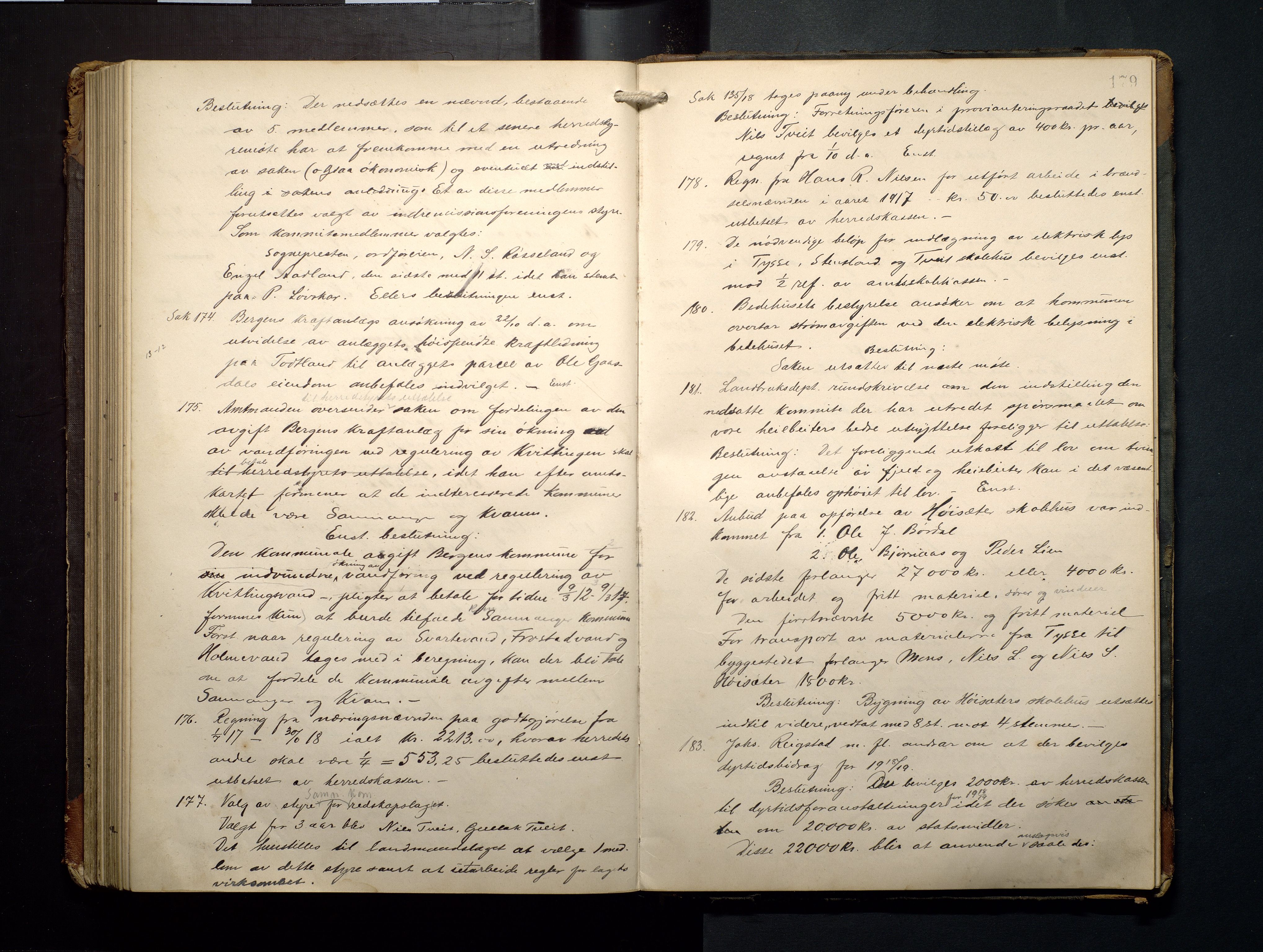 Samnanger kommune. Formannskapet, IKAH/1242-021/A/Aa/Aaa/L0001: Møtebok for formannskap og heradstyre, 1906-1920, p. 179