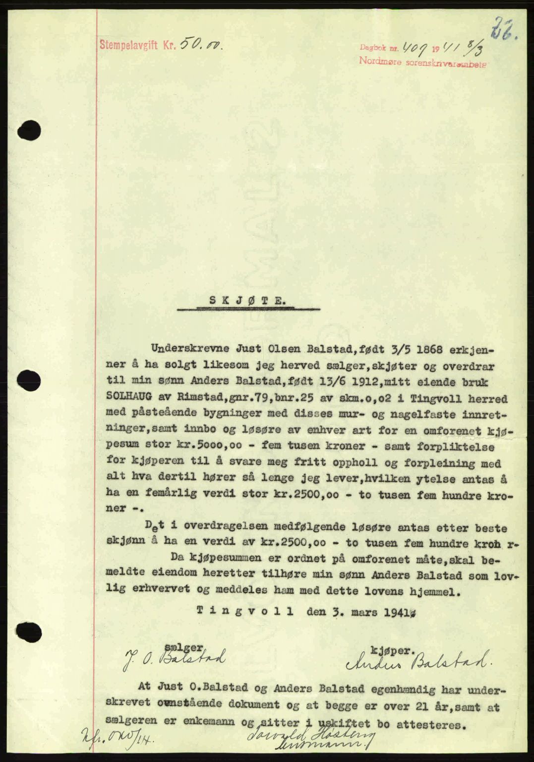 Nordmøre sorenskriveri, SAT/A-4132/1/2/2Ca: Mortgage book no. A89, 1940-1941, Diary no: : 409/1941