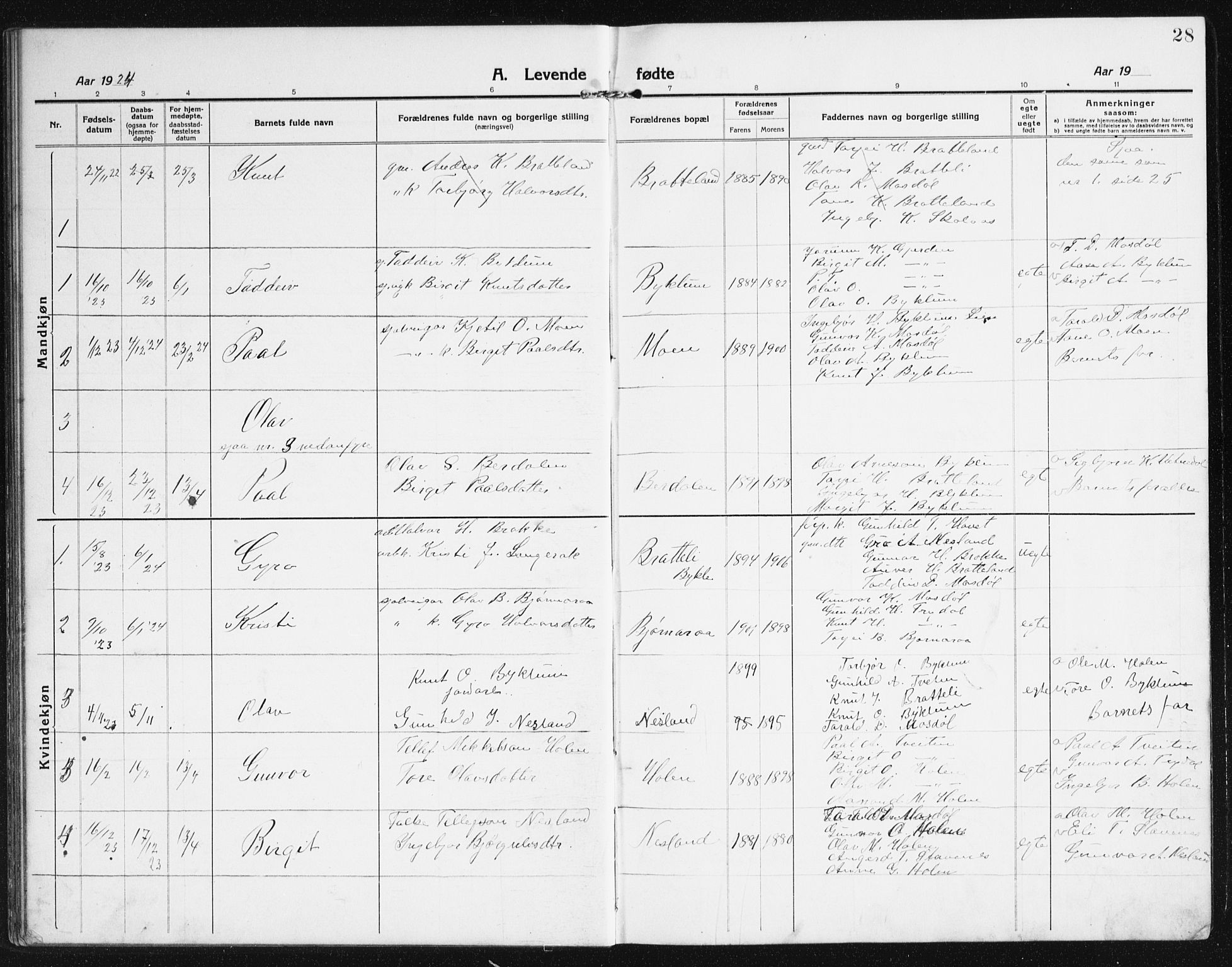 Valle sokneprestkontor, SAK/1111-0044/F/Fb/Fba/L0004: Parish register (copy) no. B 4, 1917-1944, p. 28