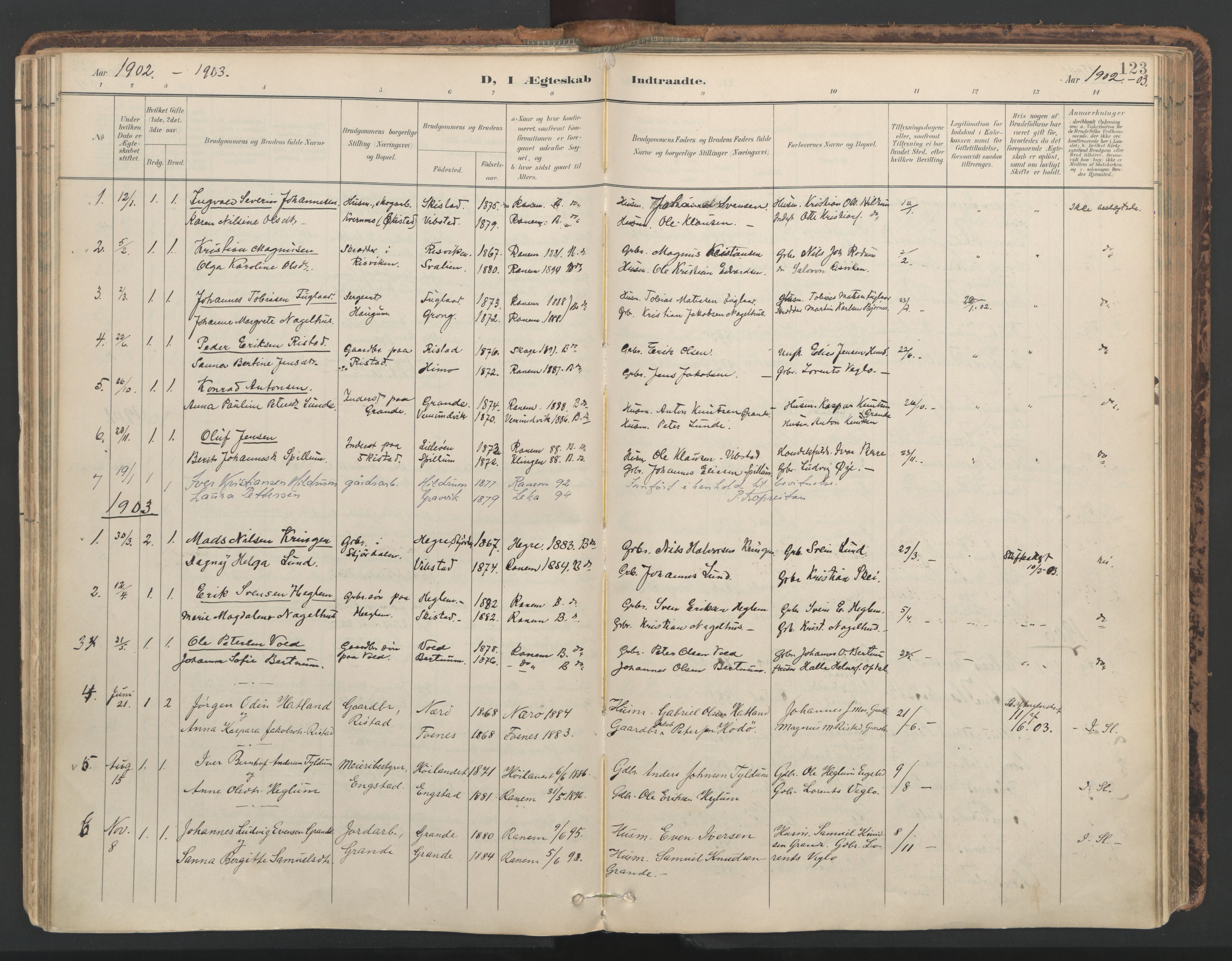 Ministerialprotokoller, klokkerbøker og fødselsregistre - Nord-Trøndelag, AV/SAT-A-1458/764/L0556: Parish register (official) no. 764A11, 1897-1924, p. 123