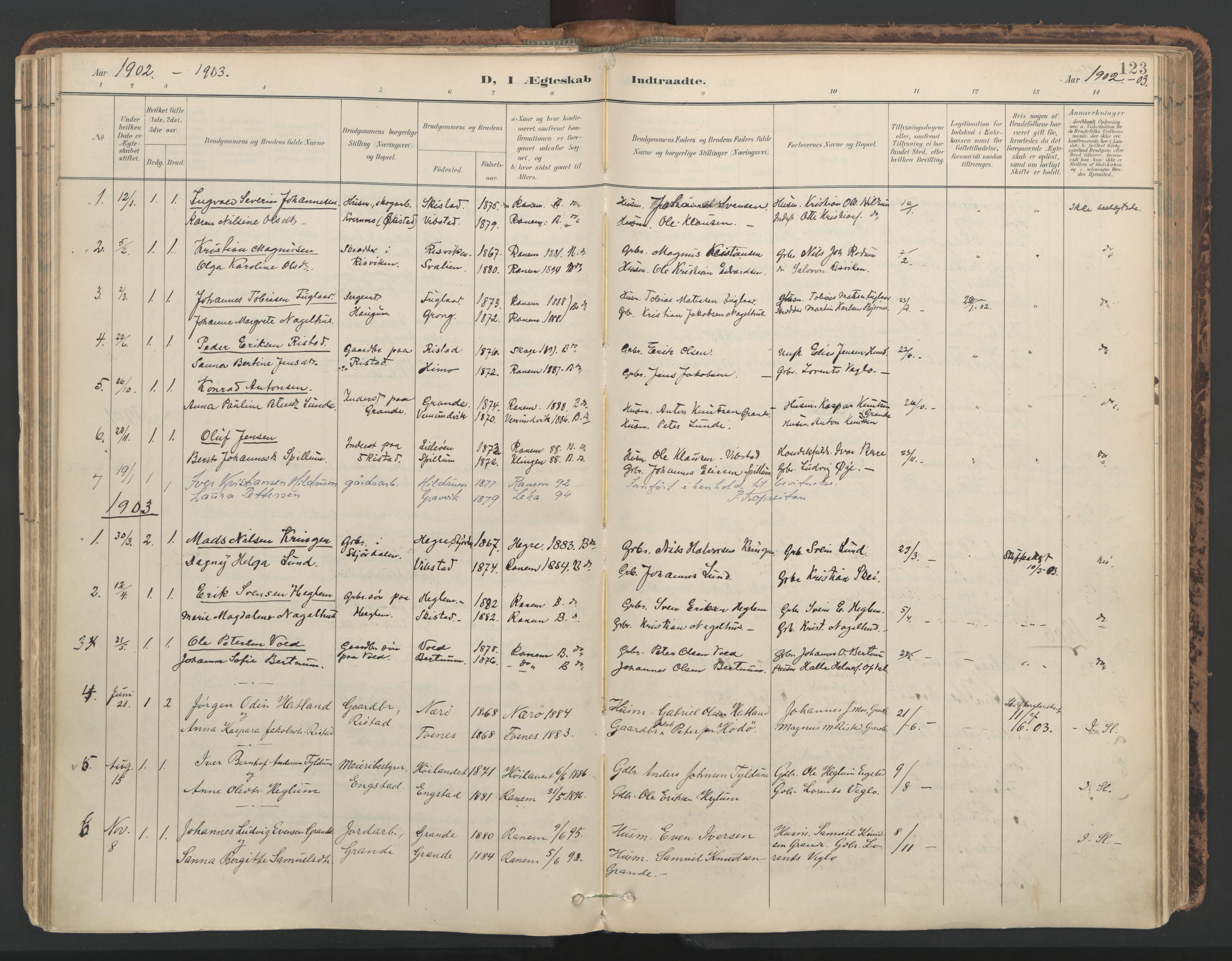 Ministerialprotokoller, klokkerbøker og fødselsregistre - Nord-Trøndelag, SAT/A-1458/764/L0556: Parish register (official) no. 764A11, 1897-1924, p. 123