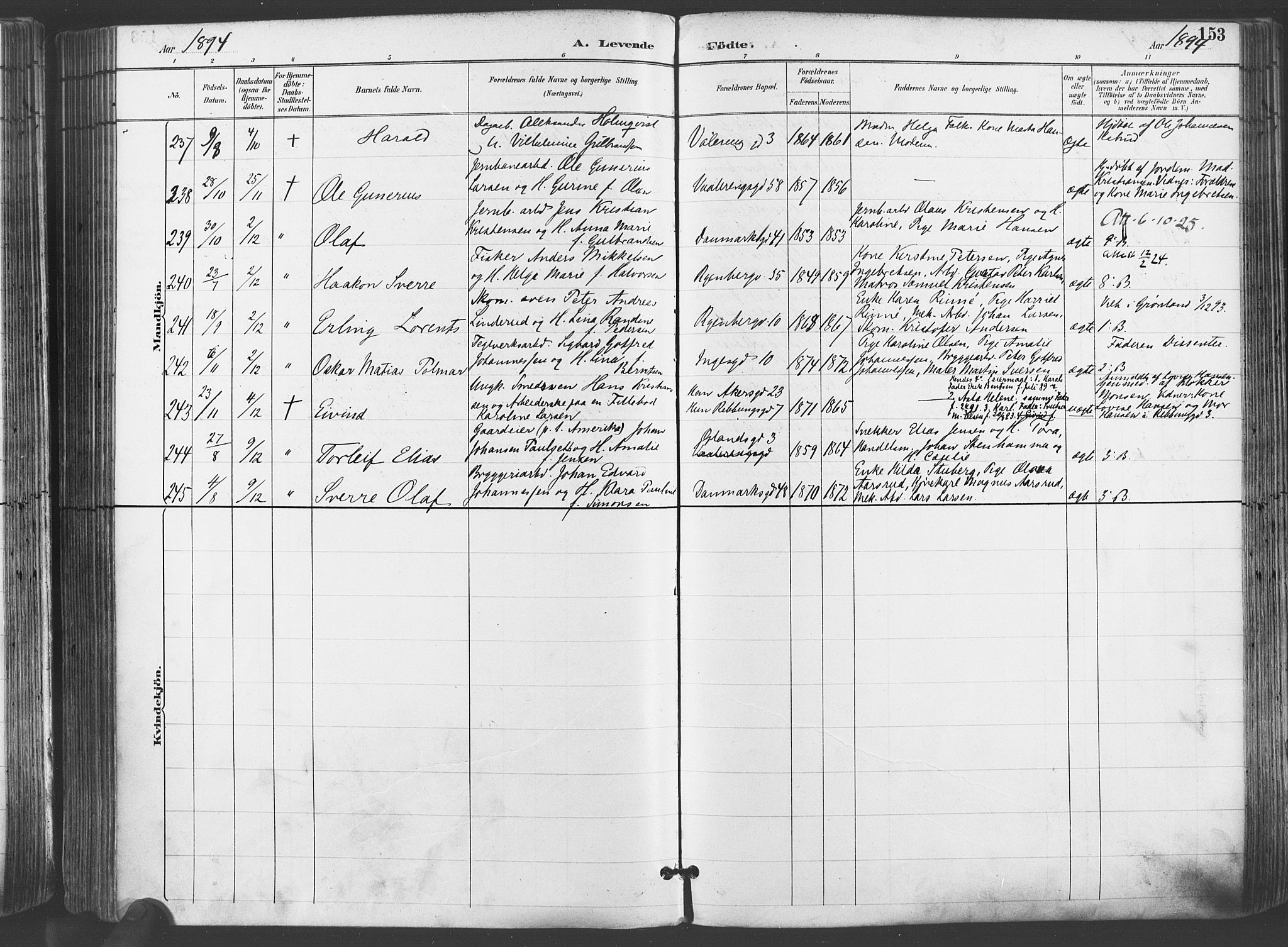 Gamlebyen prestekontor Kirkebøker, AV/SAO-A-10884/F/Fa/L0007: Parish register (official) no. 7, 1889-1899, p. 153