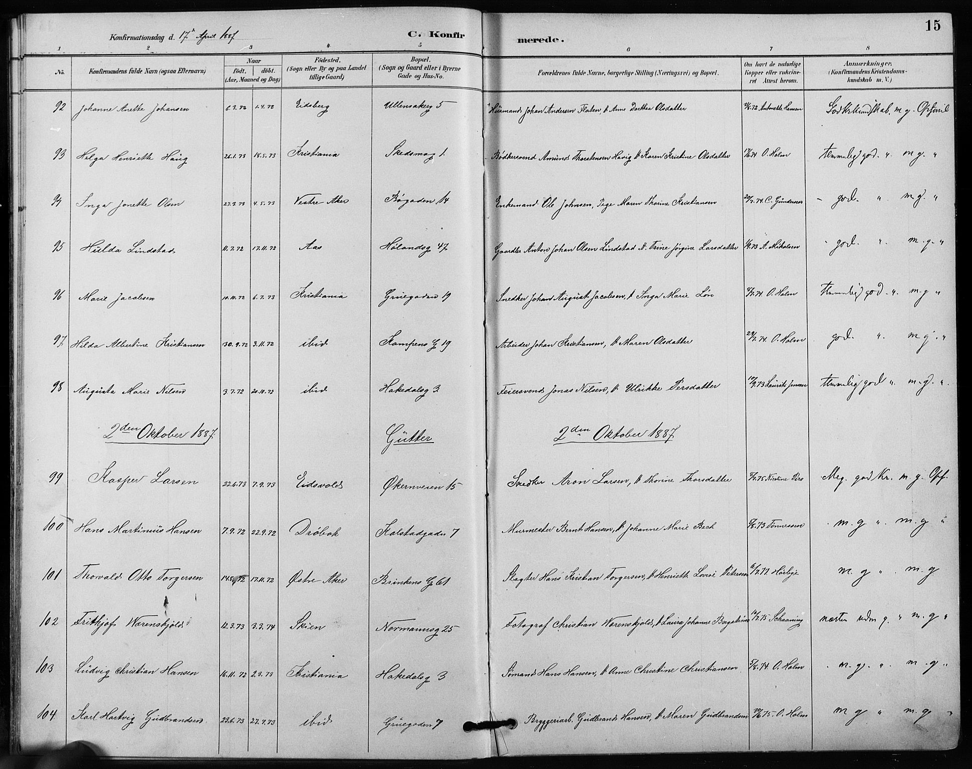 Kampen prestekontor Kirkebøker, SAO/A-10853/F/Fa/L0004: Parish register (official) no. I 4, 1885-1892, p. 15
