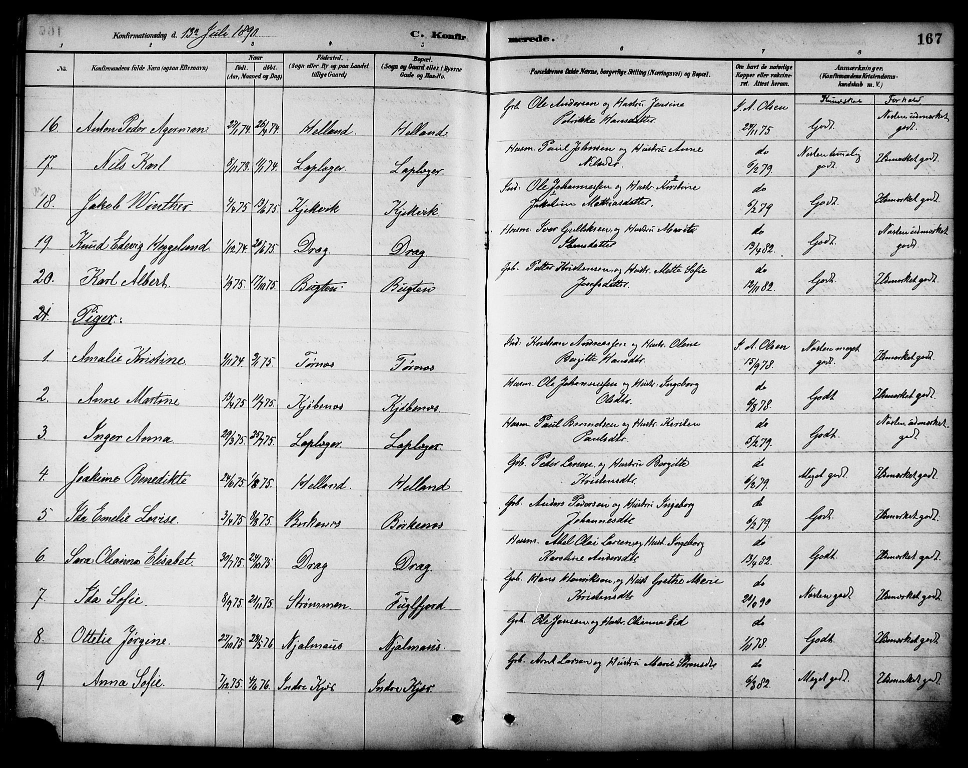 Ministerialprotokoller, klokkerbøker og fødselsregistre - Nordland, AV/SAT-A-1459/861/L0869: Parish register (official) no. 861A04, 1889-1903, p. 167