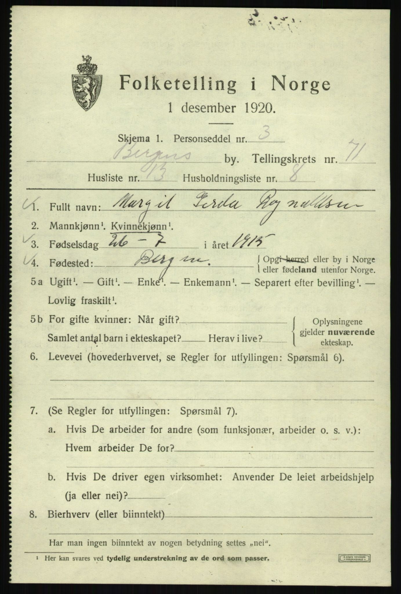 SAB, 1920 census for Bergen, 1920, p. 141030