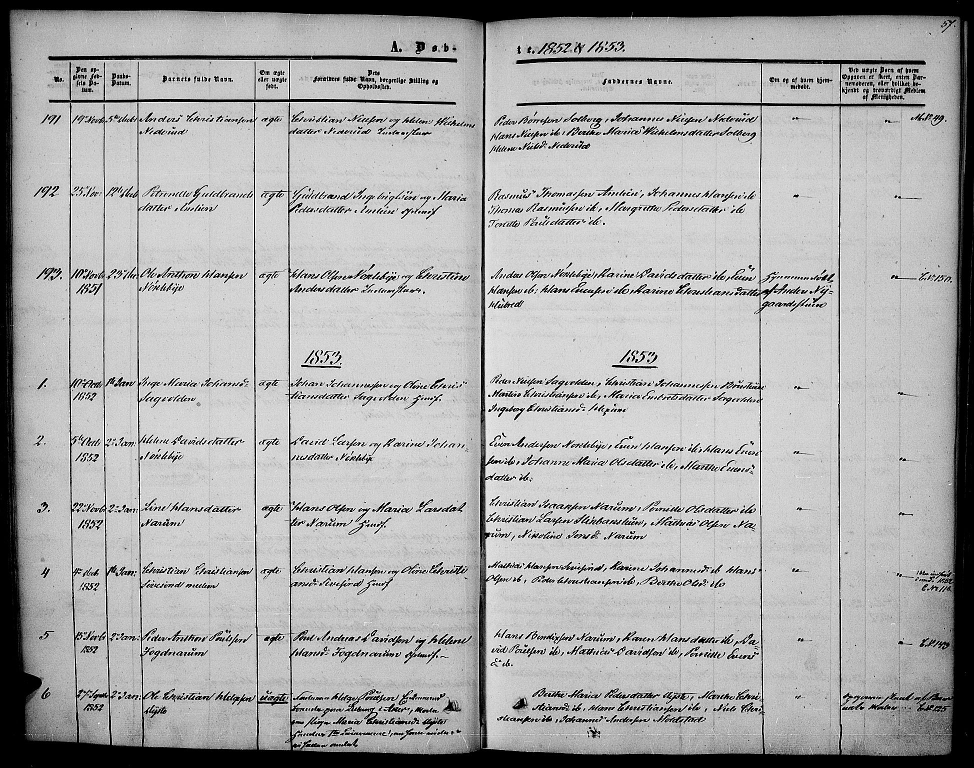Vestre Toten prestekontor, SAH/PREST-108/H/Ha/Haa/L0005: Parish register (official) no. 5, 1850-1855, p. 57