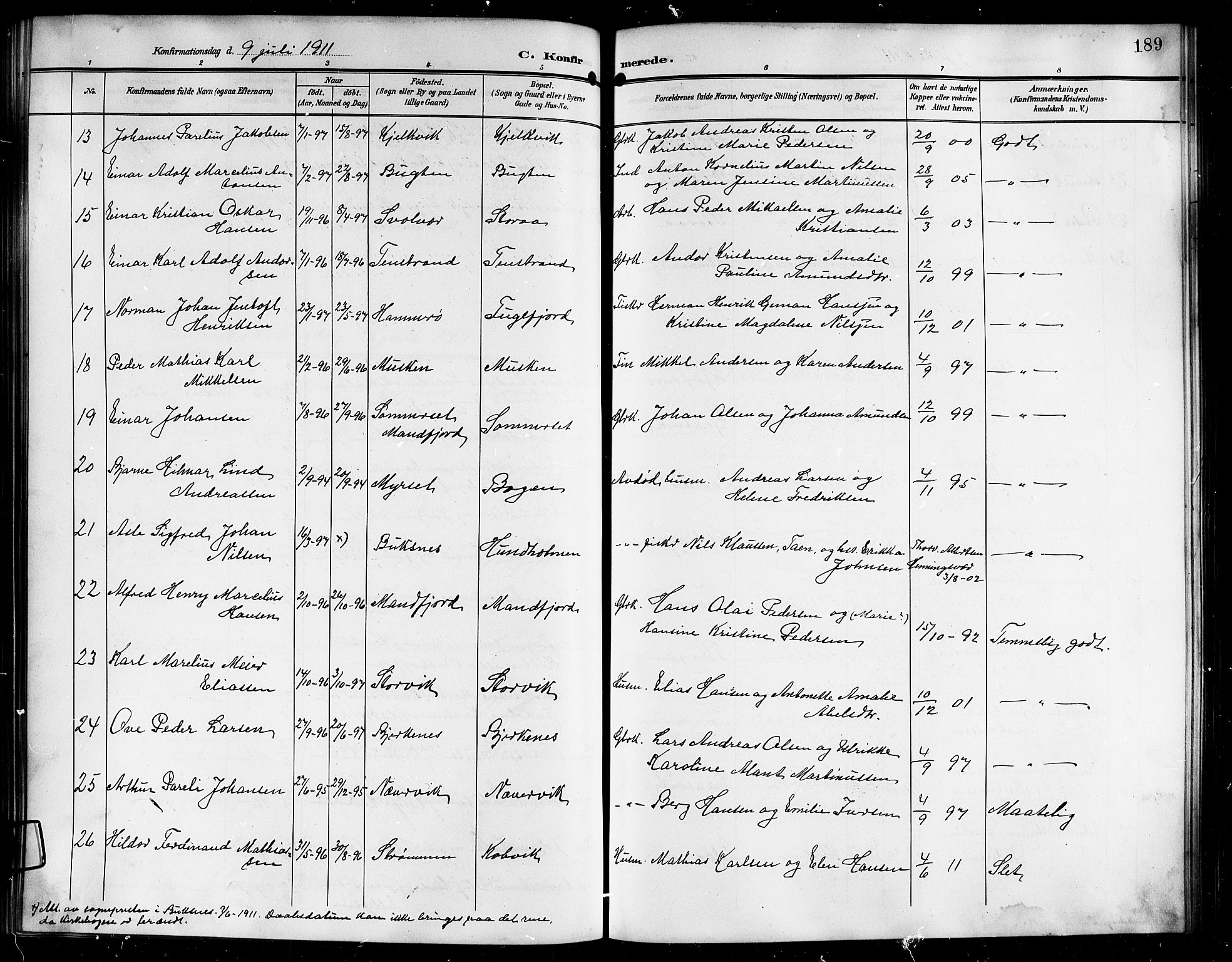 Ministerialprotokoller, klokkerbøker og fødselsregistre - Nordland, AV/SAT-A-1459/861/L0877: Parish register (copy) no. 861C03, 1903-1919, p. 189