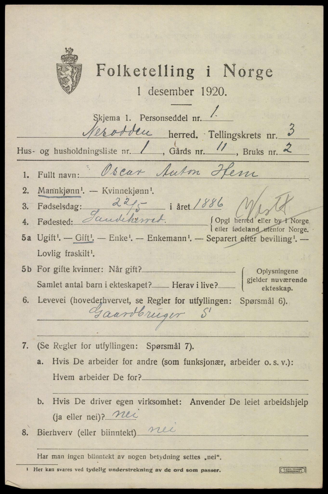 SAO, 1920 census for Nesodden, 1920, p. 3137