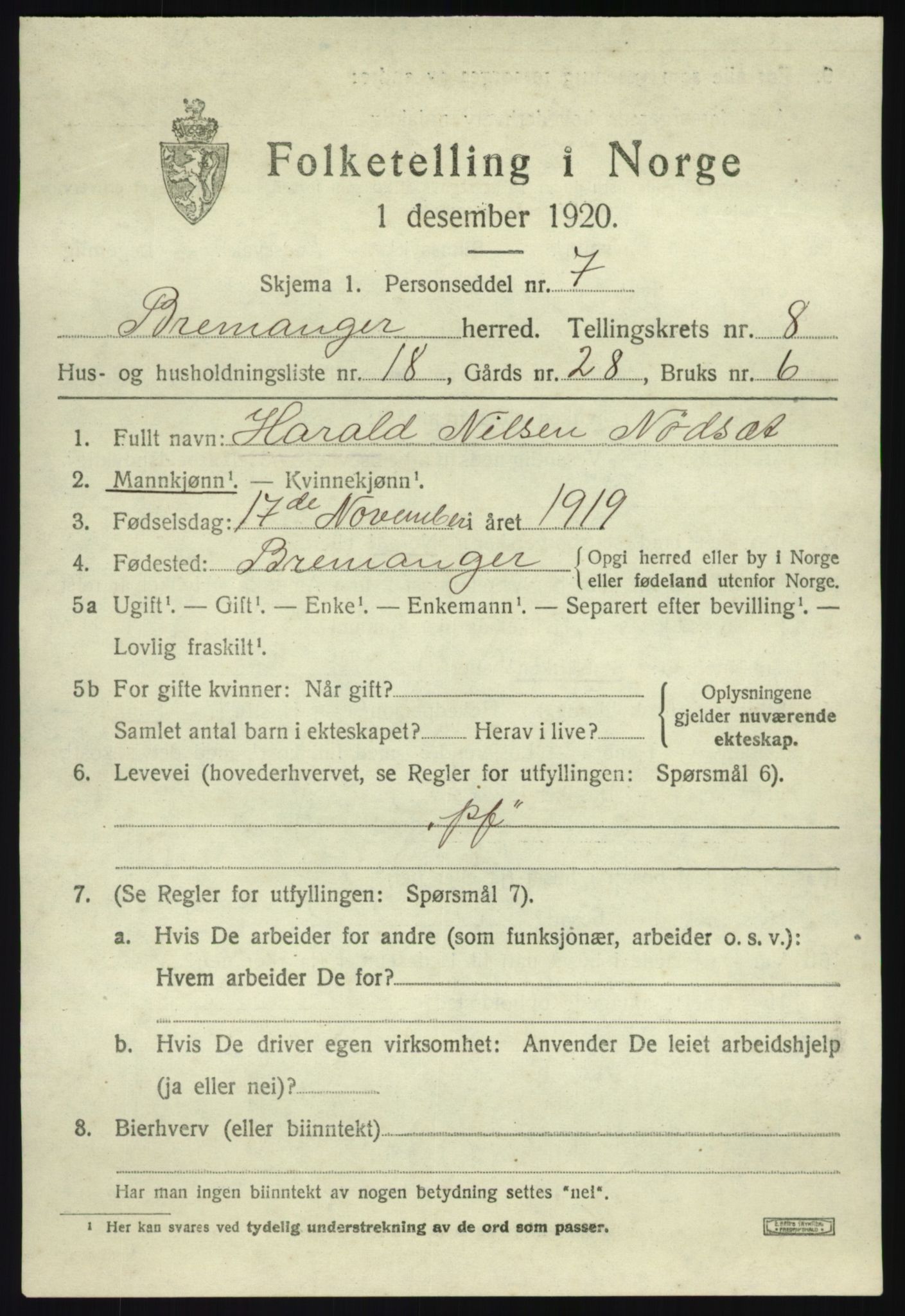 SAB, 1920 census for Bremanger, 1920, p. 5014