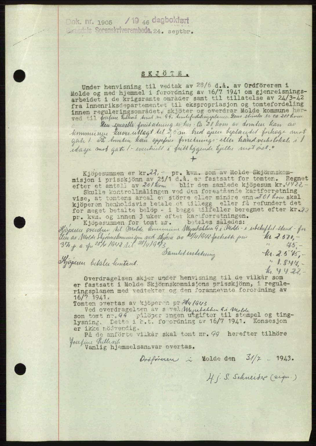 Romsdal sorenskriveri, AV/SAT-A-4149/1/2/2C: Mortgage book no. A20, 1946-1946, Diary no: : 1905/1946