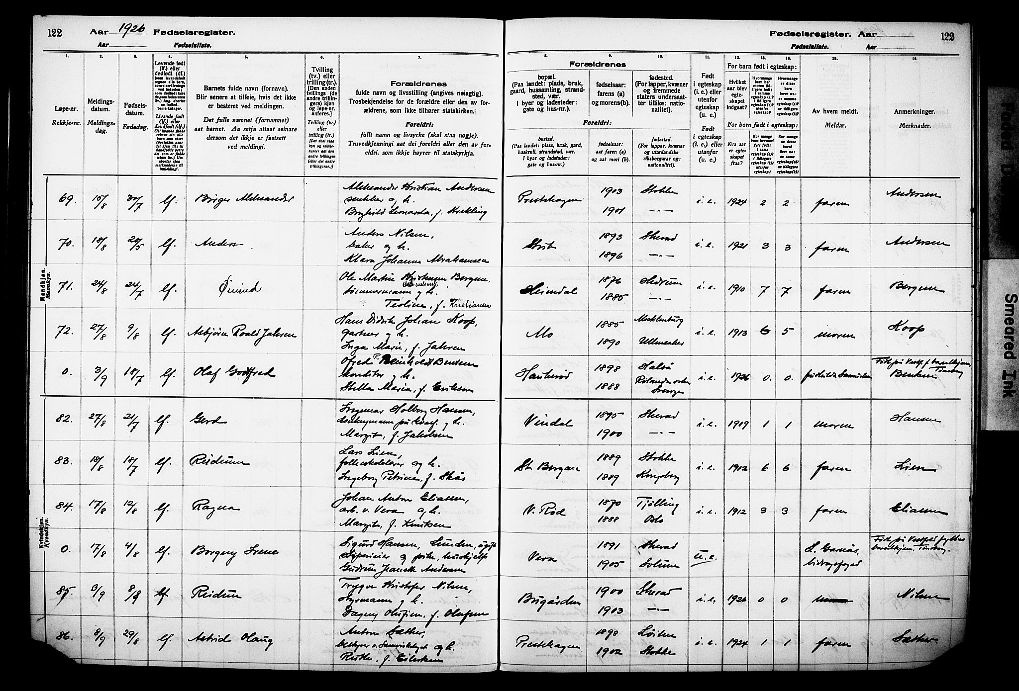 Sandar kirkebøker, AV/SAKO-A-243/J/Ja/L0002: Birth register no. 2, 1922-1929, p. 122