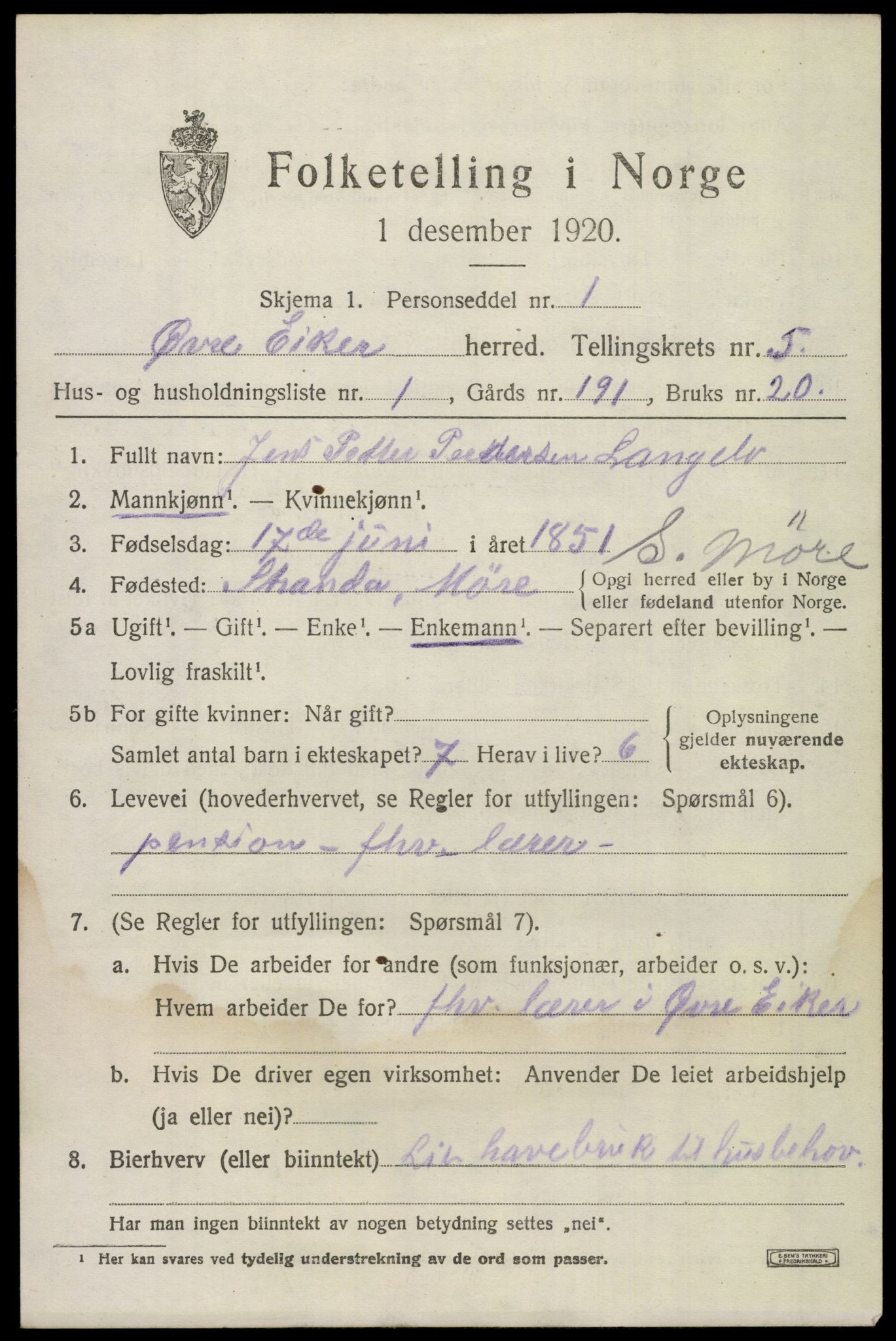 SAKO, 1920 census for Øvre Eiker, 1920, p. 12028