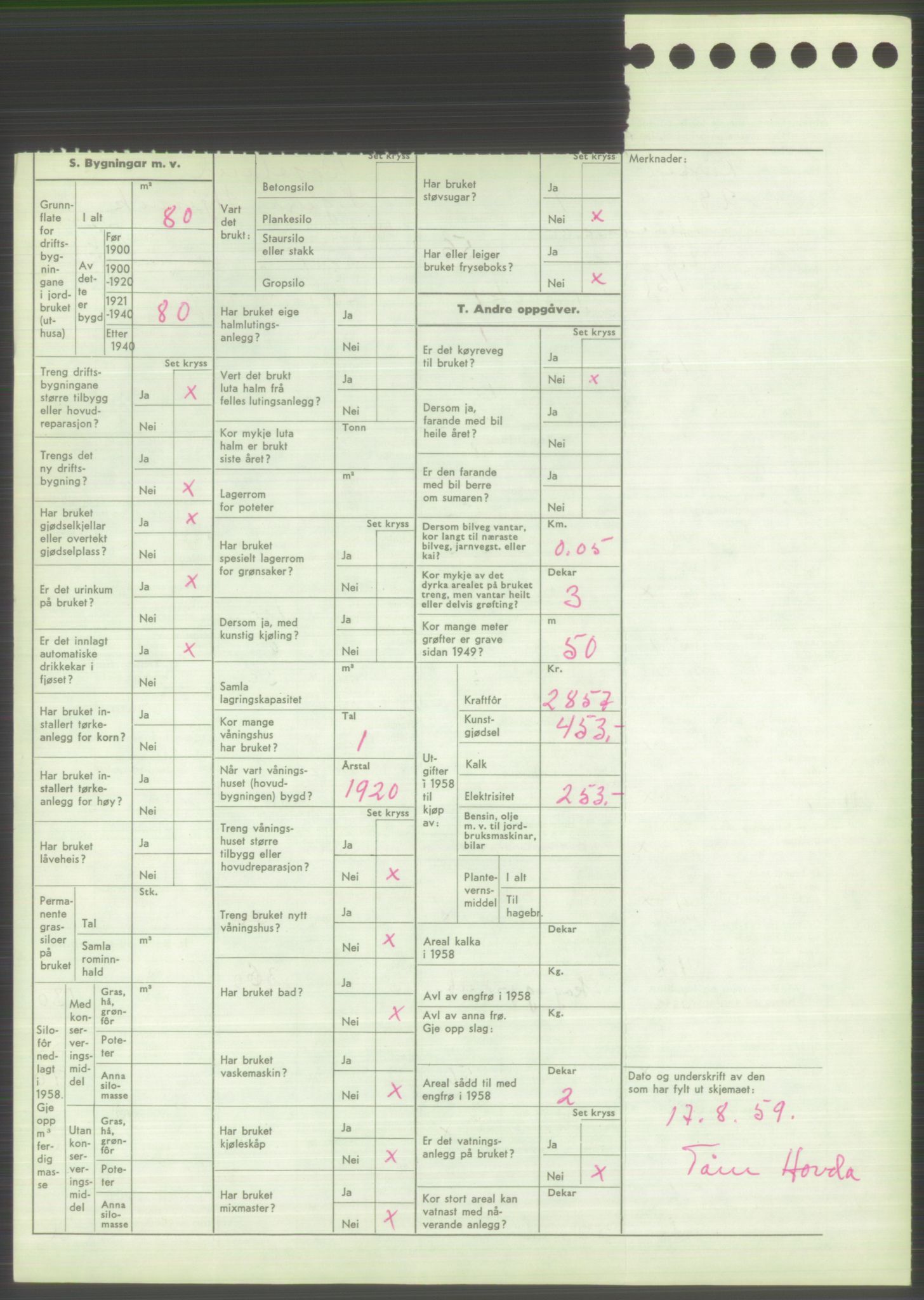 Statistisk sentralbyrå, Næringsøkonomiske emner, Jordbruk, skogbruk, jakt, fiske og fangst, AV/RA-S-2234/G/Gd/L0373: Rogaland: 1130 Strand (kl. 1-2), 1131 Årdal og 1132 Fister, 1959, p. 1802