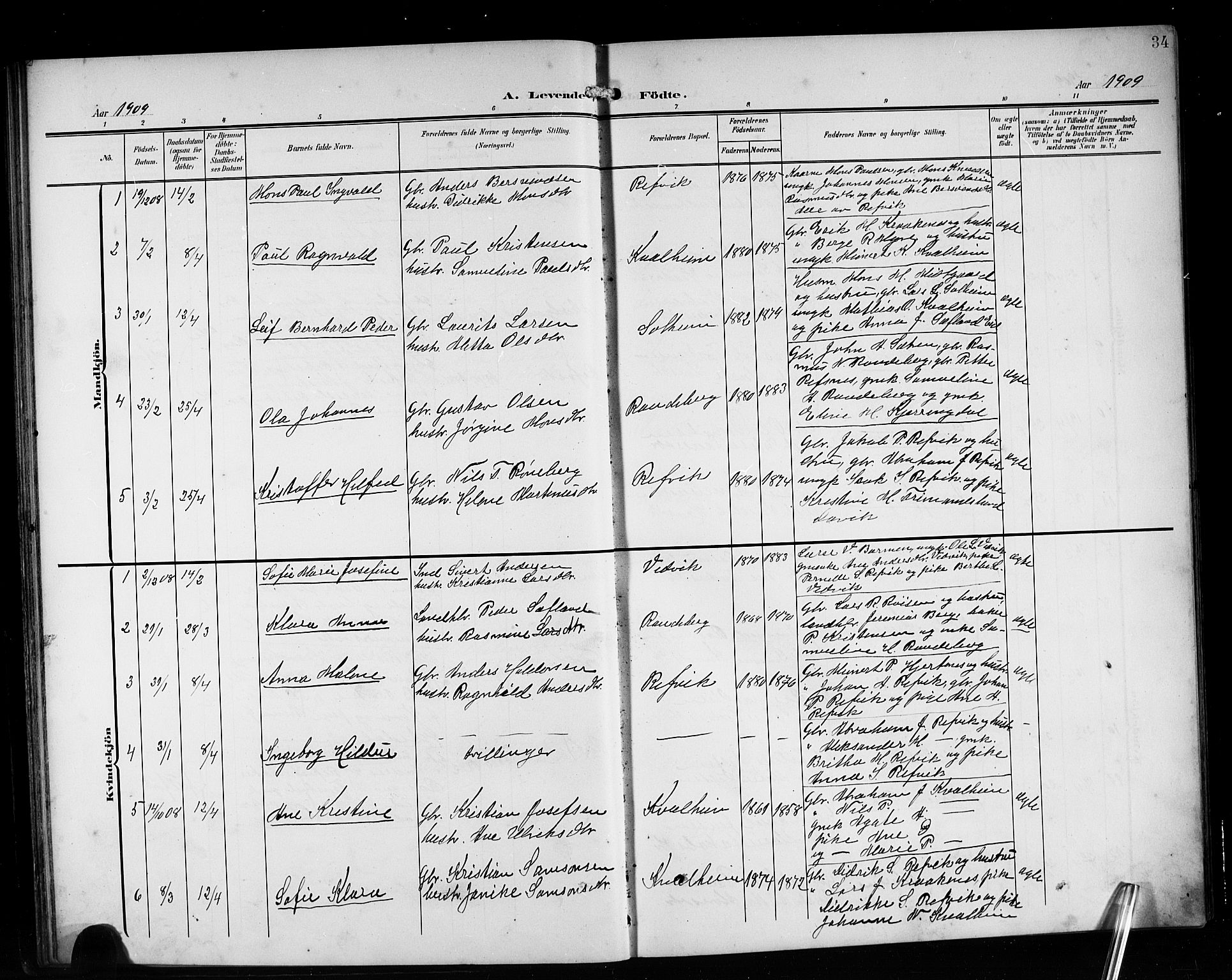 Vågsøy sokneprestembete, AV/SAB-A-81601/H/Hab: Parish register (copy) no. A 1, 1905-1926, p. 34