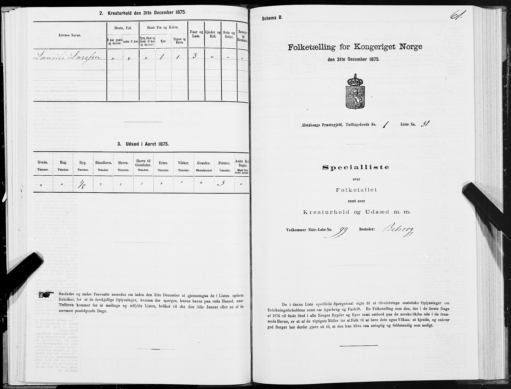 SAT, 1875 census for 1820P Alstahaug, 1875, p. 1061