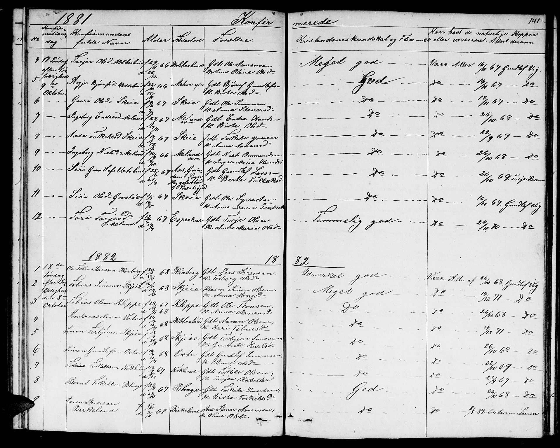 Hægebostad sokneprestkontor, AV/SAK-1111-0024/F/Fb/Fbb/L0002: Parish register (copy) no. B 2, 1851-1886, p. 141