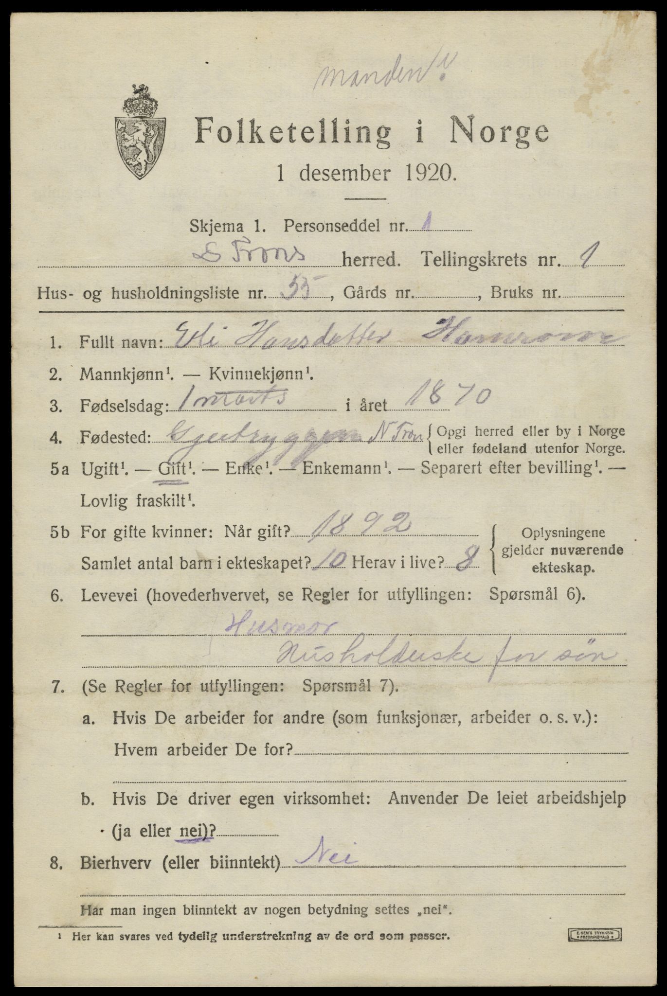 SAH, 1920 census for Sør-Fron, 1920, p. 1891