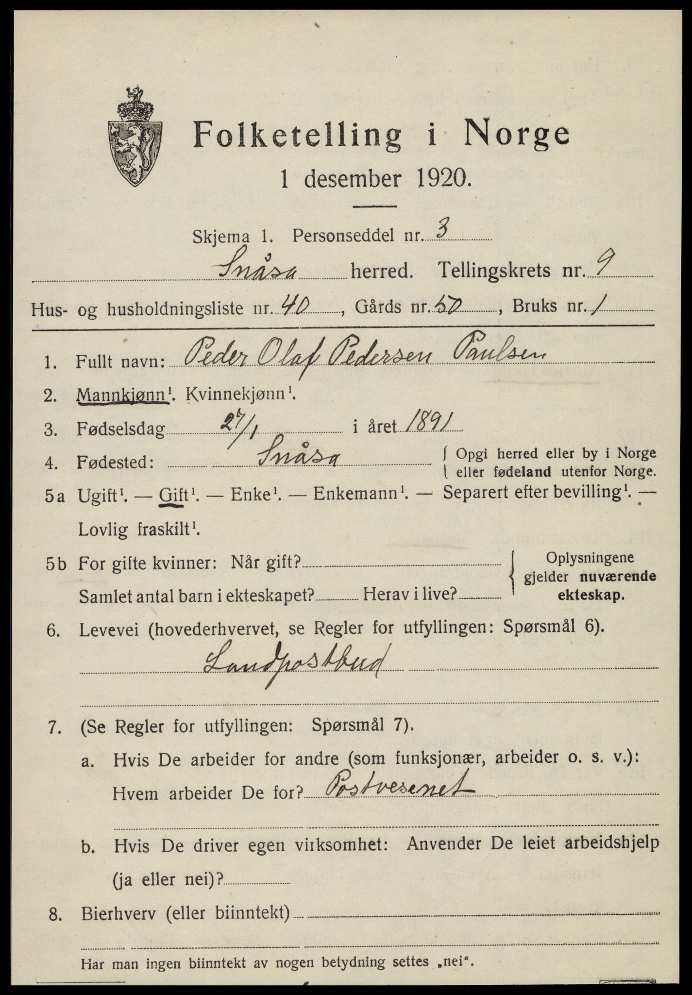 SAT, 1920 census for Snåsa, 1920, p. 4124