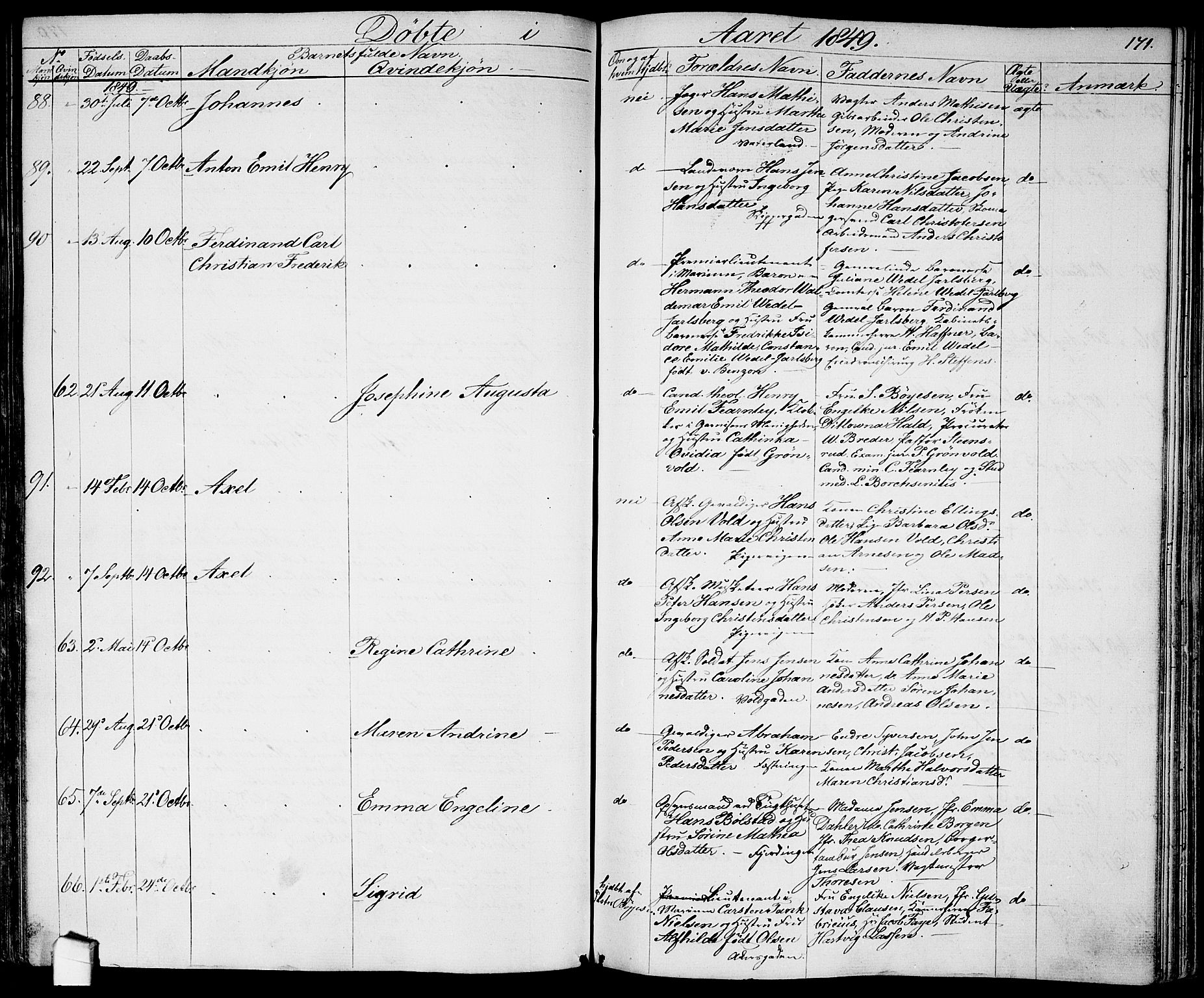 Garnisonsmenigheten Kirkebøker, SAO/A-10846/G/Ga/L0005: Parish register (copy) no. 5, 1841-1860, p. 171