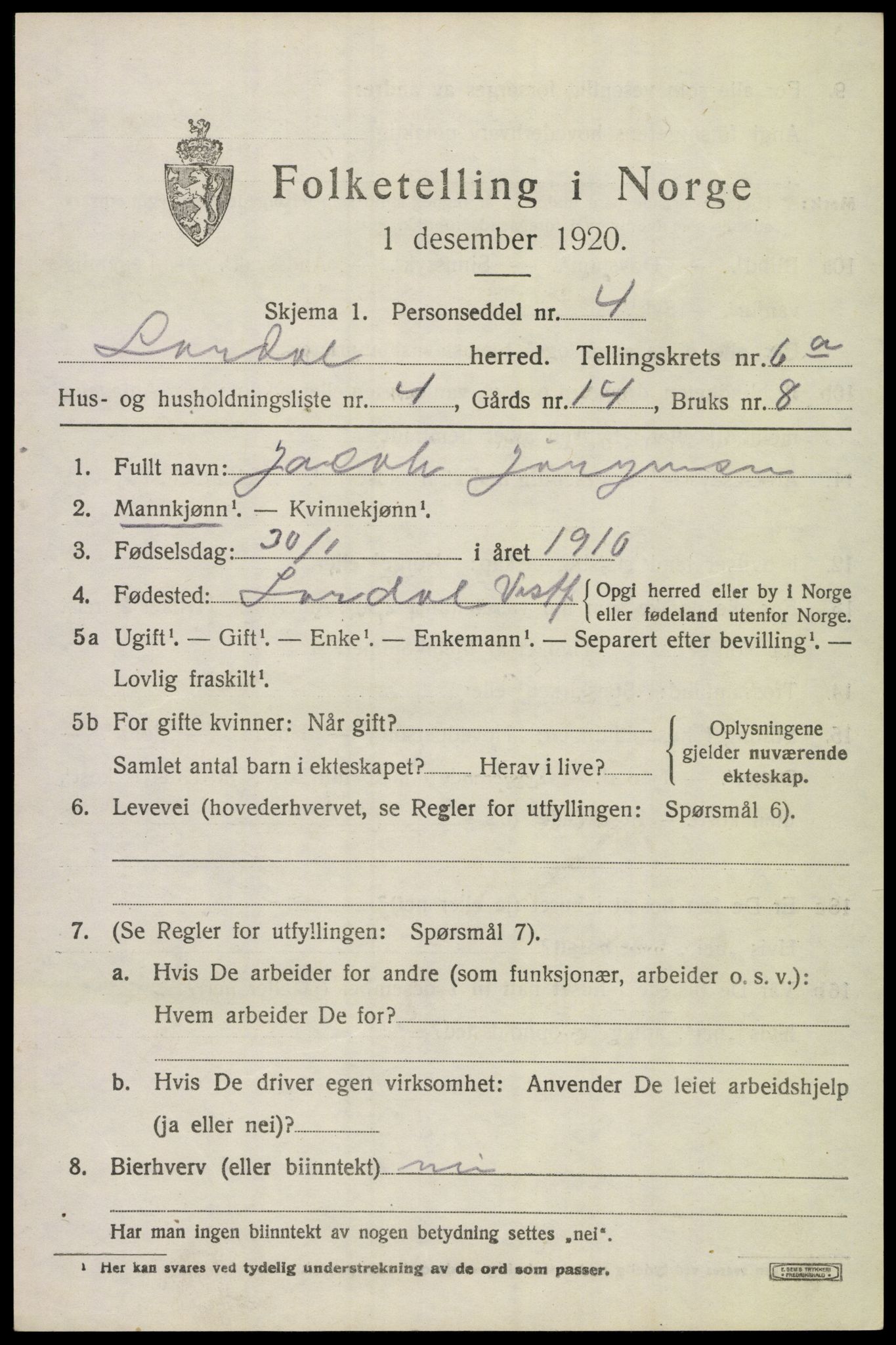 SAKO, 1920 census for Lardal, 1920, p. 5579