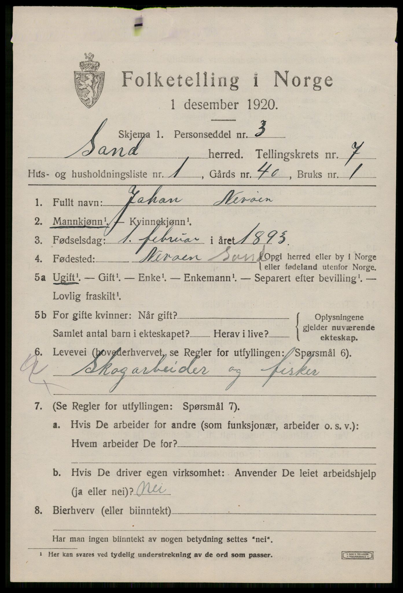 SAST, 1920 census for Sand, 1920, p. 3283